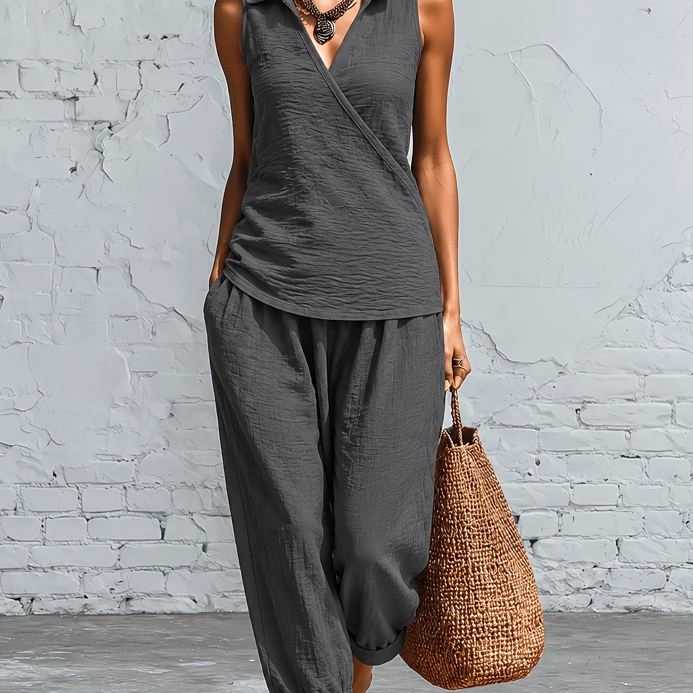 TEMU Conjunto retro casual de 2 piezas para mujer: con cuello de solapa y escote en V profundo, y pantalones de pierna ancha, color - para vacaciones