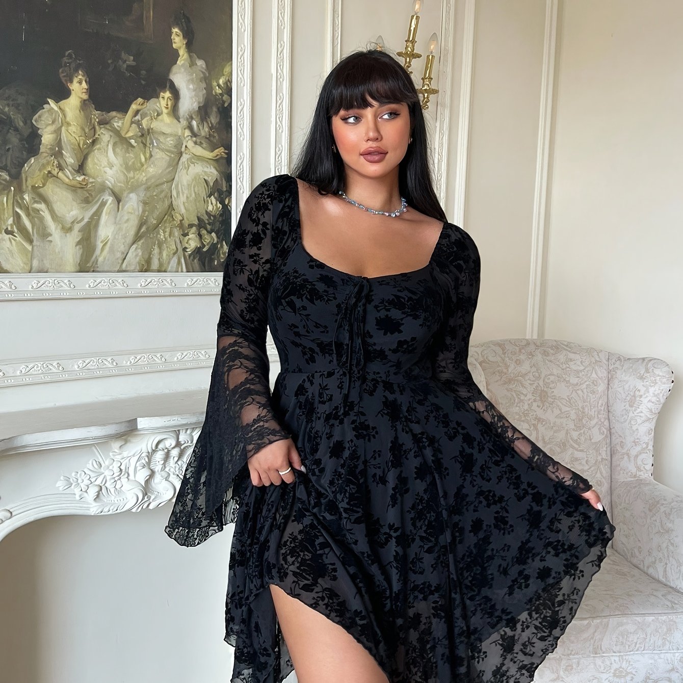TEMU Plus Size Damenkleid - Plus Size Damenkleid - Plus Size Damenkleid, Rüschen, ausgestellte Ärmel, elastischer Kordelzug in der Taille,