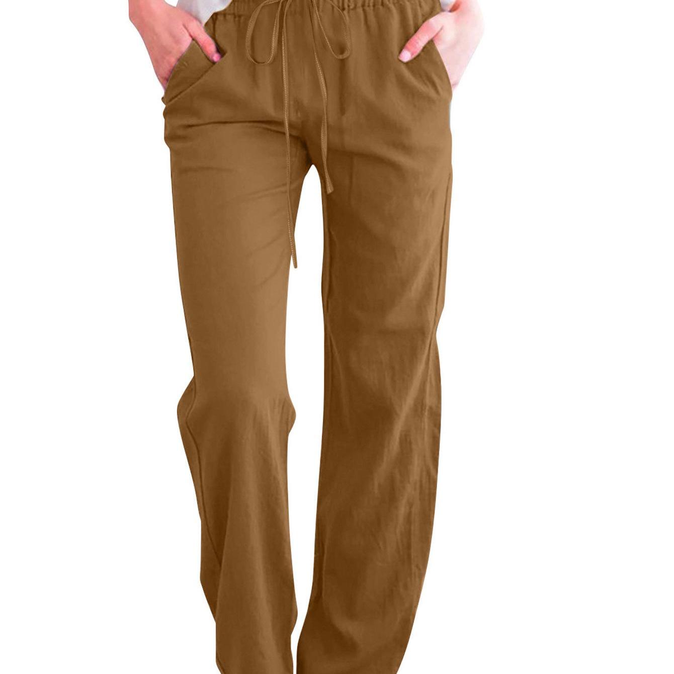 Image of Women's Straight Leg Pants Solid Color With Adjustable Drawstring Waist And Relaxed Wide Leg Silhouette For Casual Vacation Travel, Versatile Modern Trousers For Ladies