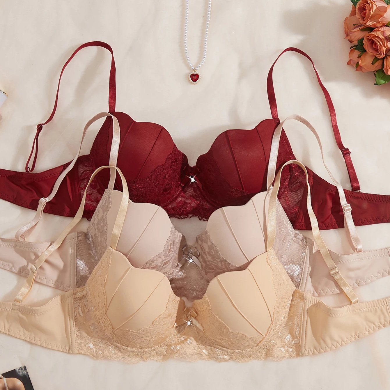 Image of 3, 6pcs Elegant Bow Women's Underwear Set Lace Spliced Push Up Bras French Soft Women's Bra Lingerie Underwear