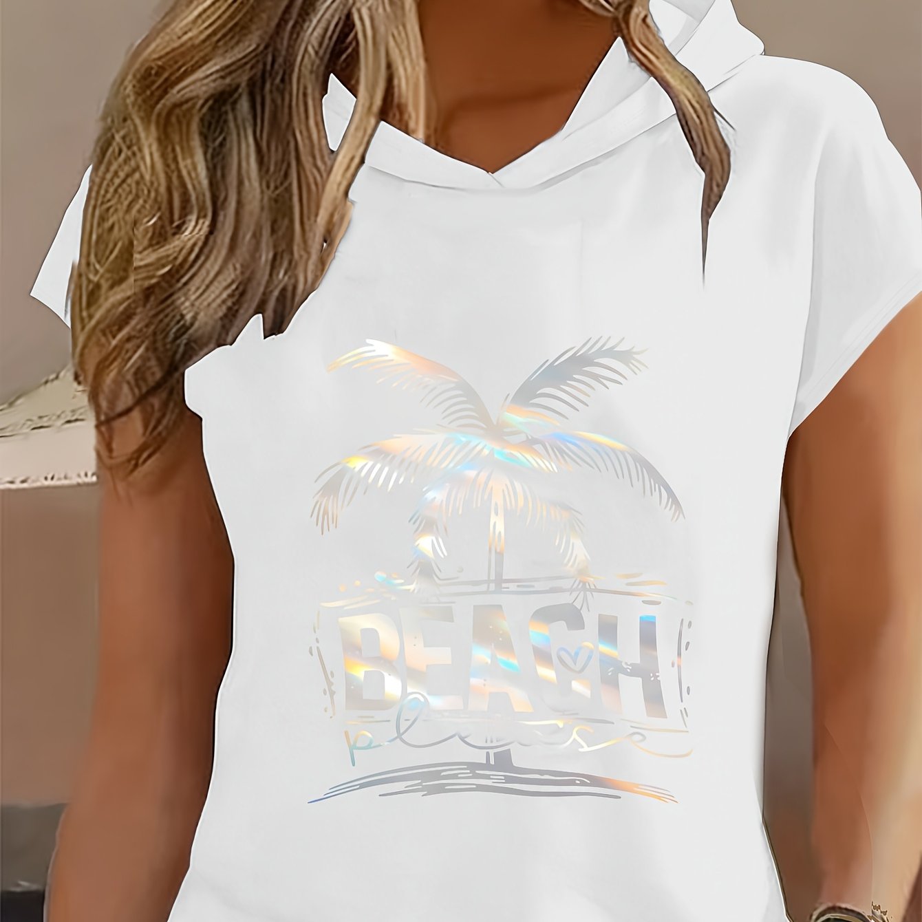 1pc Laser Coconut Tree Retro Print New Y2k Style Women's Sportswear Hooded Loose And Comfortable Top Elegant Fashionable T-shirt Hooded Short Sleeve