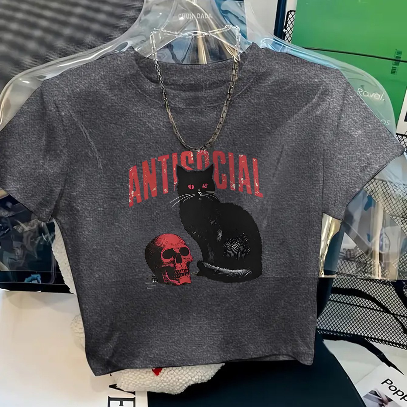 TEMU 1pc Women's Y2k Anti-social Cat Skull Print T-shirt, Spring/summer Casual Short-sleeve Tee, The Gift