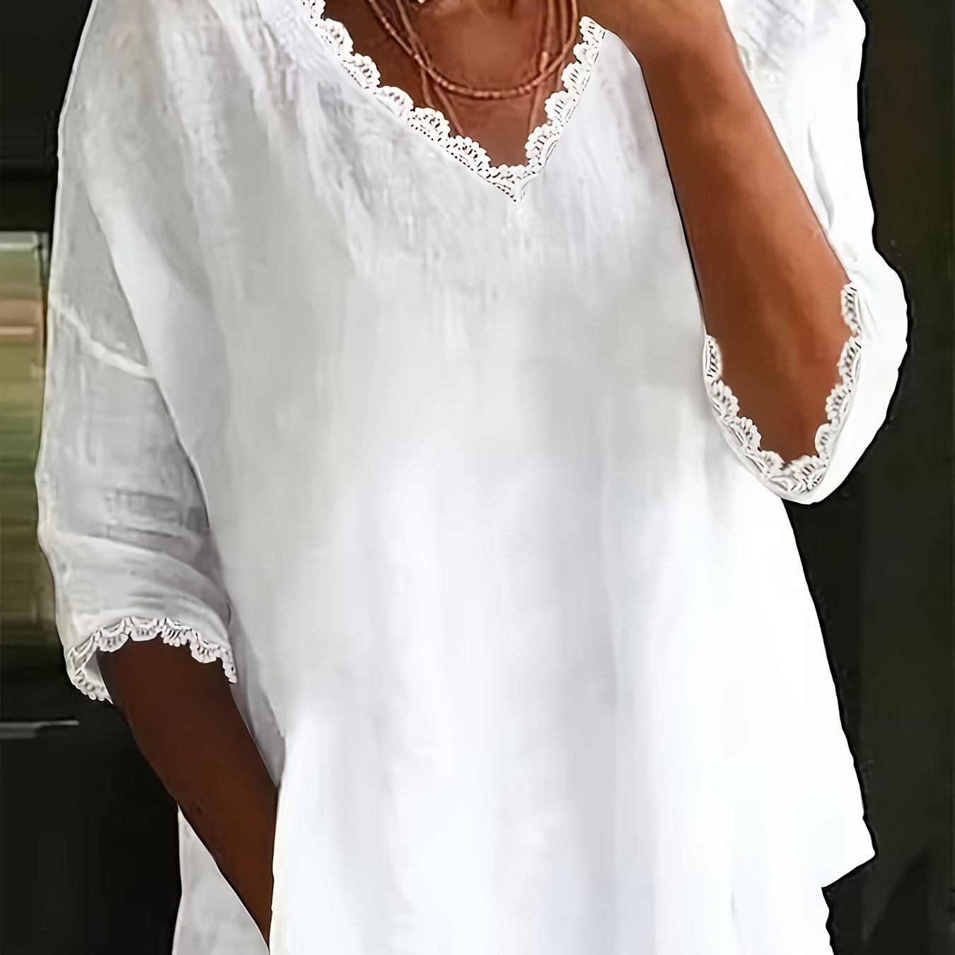 Plus Size - Plus Size - Loose Solid Color V-neck Lace Short-sleeved Pullover, Elegant And Casual, Suitable For Going Out, Comfortable All