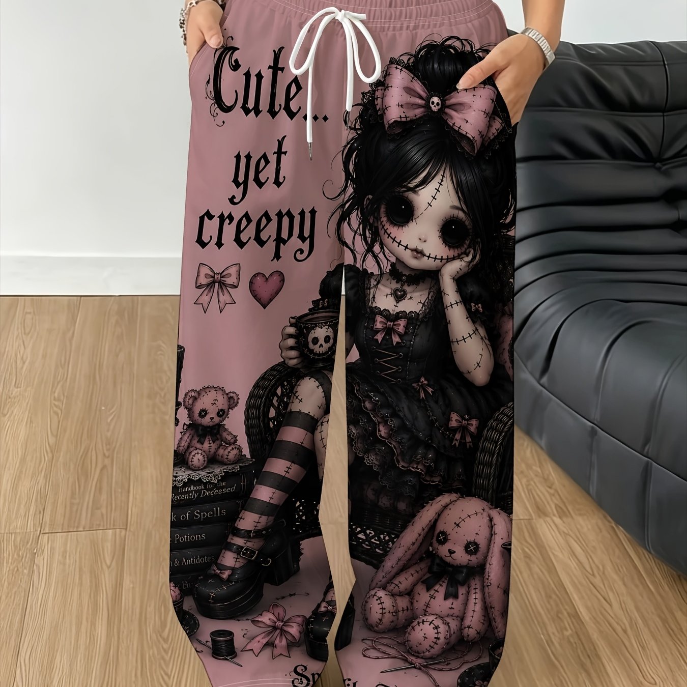 TEMU Pantalon droit pour femmes, style gothique et cool, avec cordon de serrage élastique à la taille, coupe large et décontractée, élégant, idéal