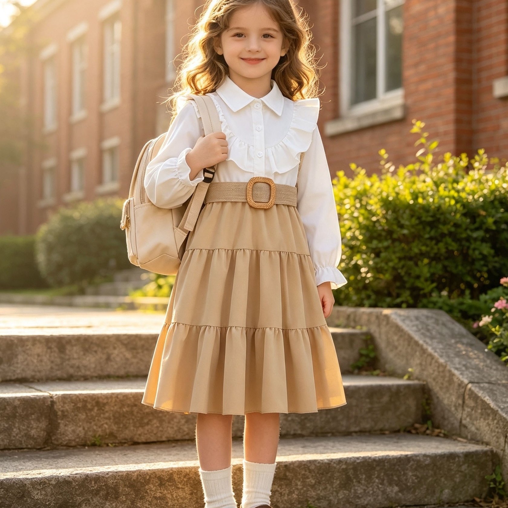 Image of Girls' Anti-school Uniform Clothing, Spring/autumn Lapel Shirt With Dress And Woven Belt, Elegant And Style, Perfect For Birthday Parties, Casual , And Preppy Casual Wear