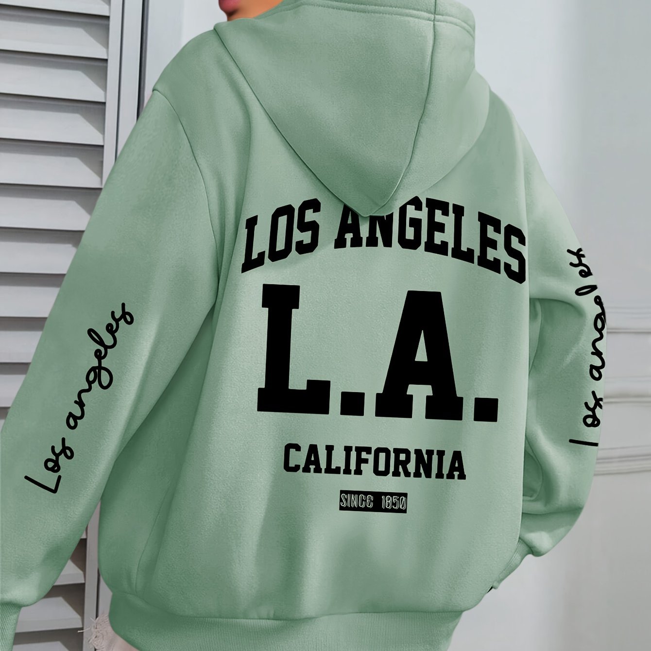 TEMU Plus Size - Plus Size - Plus Size Los Angeles Print Hoodie, Casual Long Sleeve With Pocket Hooded Sweatshirt For Winter & Fall, Designed For