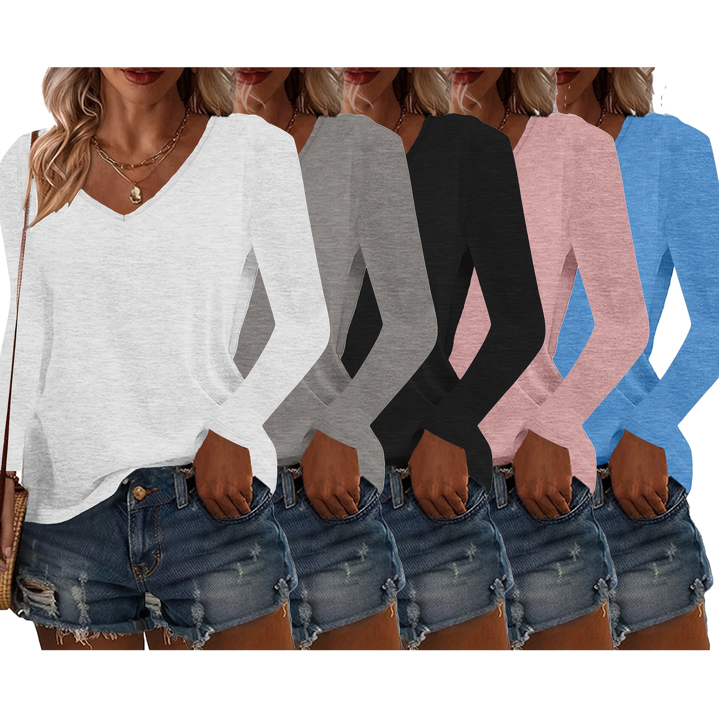 Image of 5pcs Solid Color V-neck Long Sleeve T-shirts, Casual Loose Fit Spring/autumn Base Layer Tops, Women's Machine Washable - Ideal For Daily Wear And Home Use