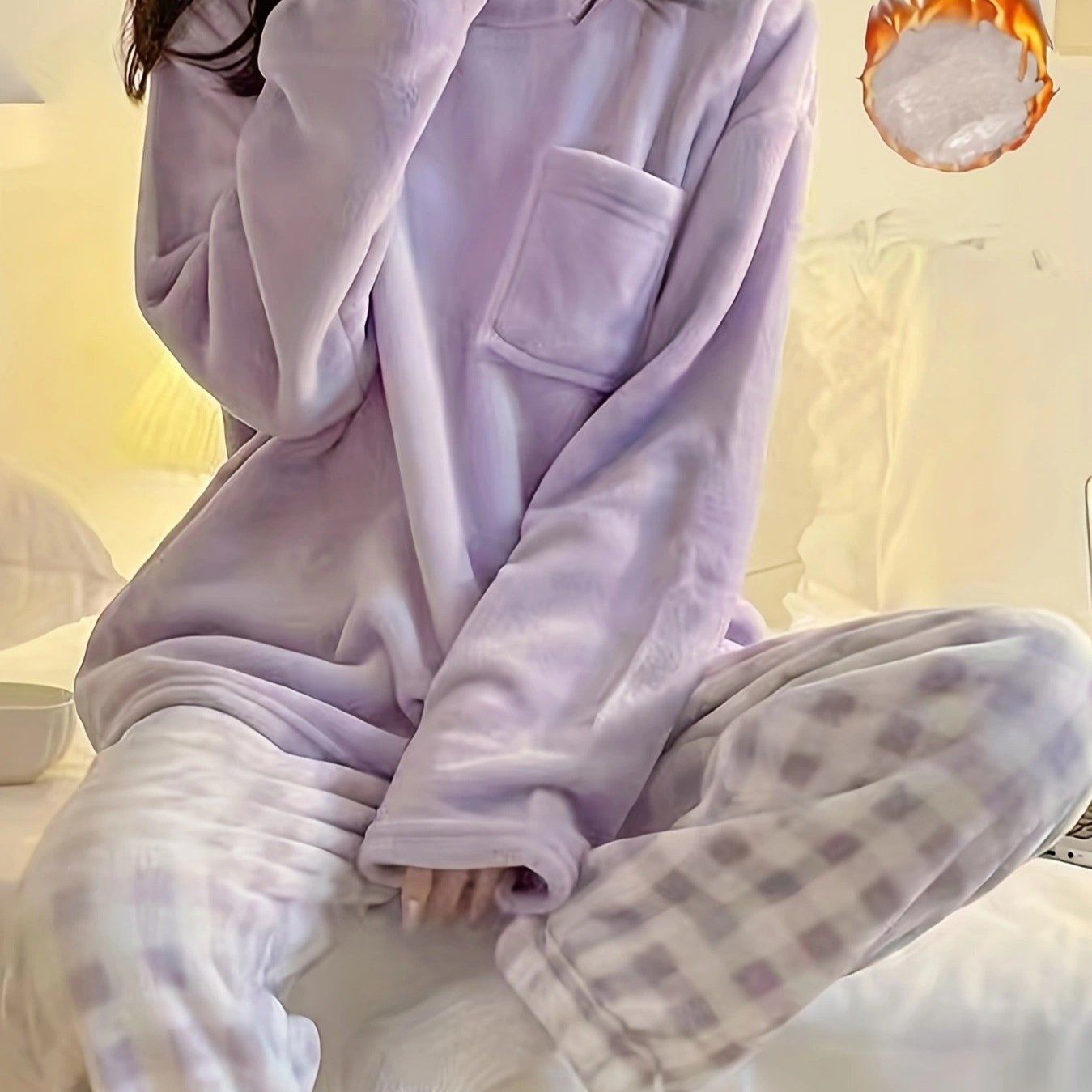 TEMU Winter Warm Fleece Pajama Set, Pattern Sleepwear, Women's Casual Loungewear Set