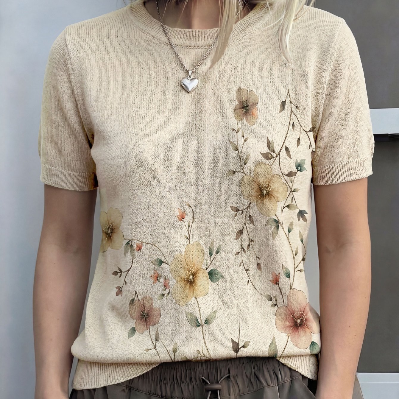 TEMU Women's Thin Short-sleeved Summer Printed Sweater Summer Round Neck Pullover Shirt Elegant Style Wear [size Error 2-3cm] [the Actual Object Is