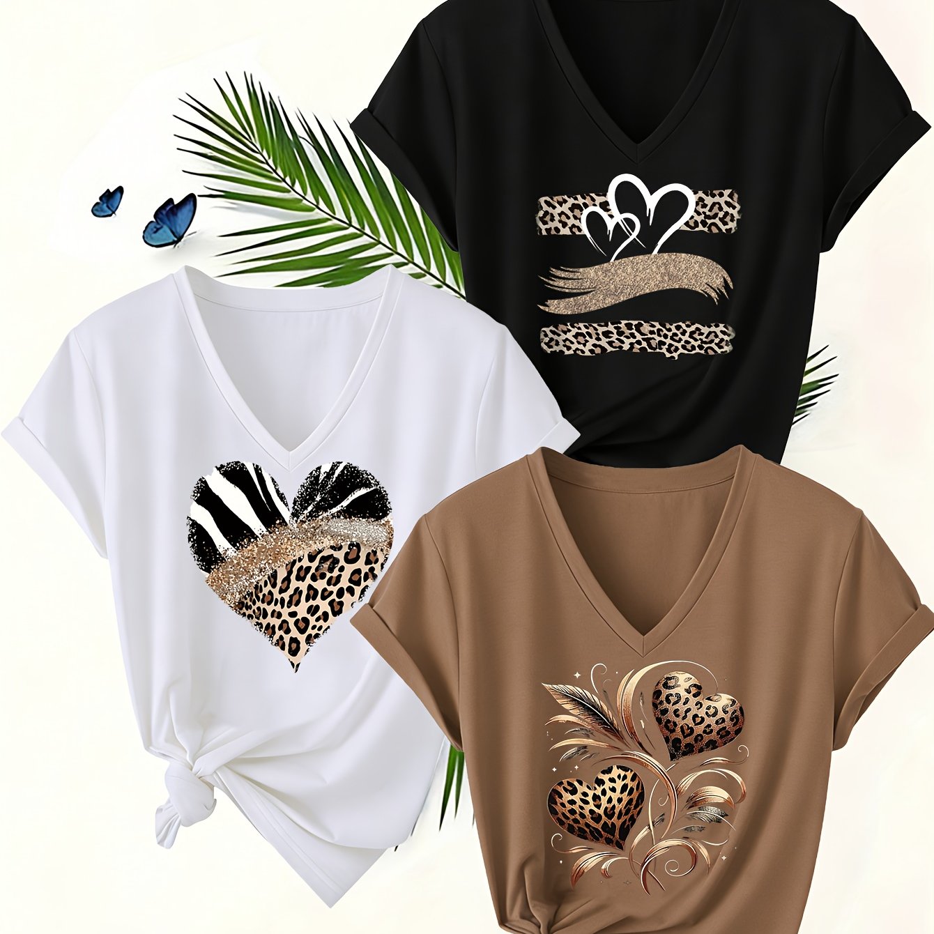 E-shop Damen 3-teiliges Set (3 Stk.) T-Shirts mit Leopardenmuster V-Ausschnitt – Weiche, atmungsaktive Kurzarmblusen, klare Linien, reguläre Passform,