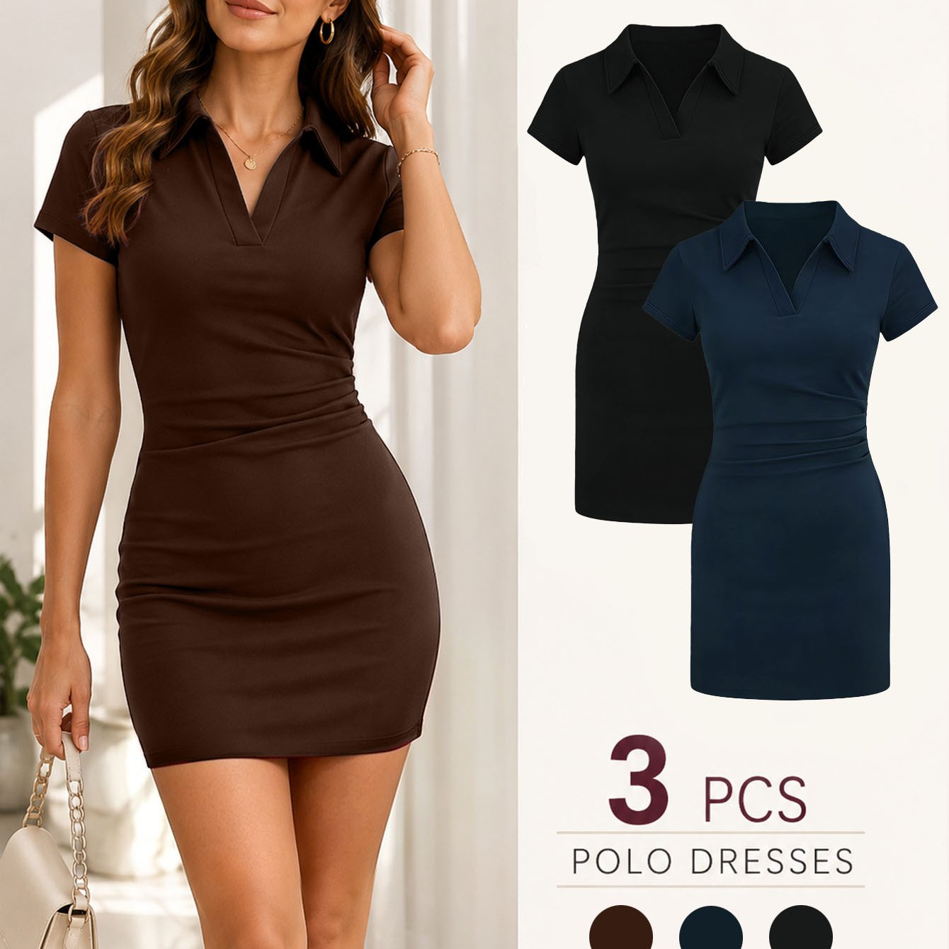 3-pack Women's V-neck Ruched Waist Bodycon Mini Dresses - Short Sleeve Slim Fit Casual Dress Set