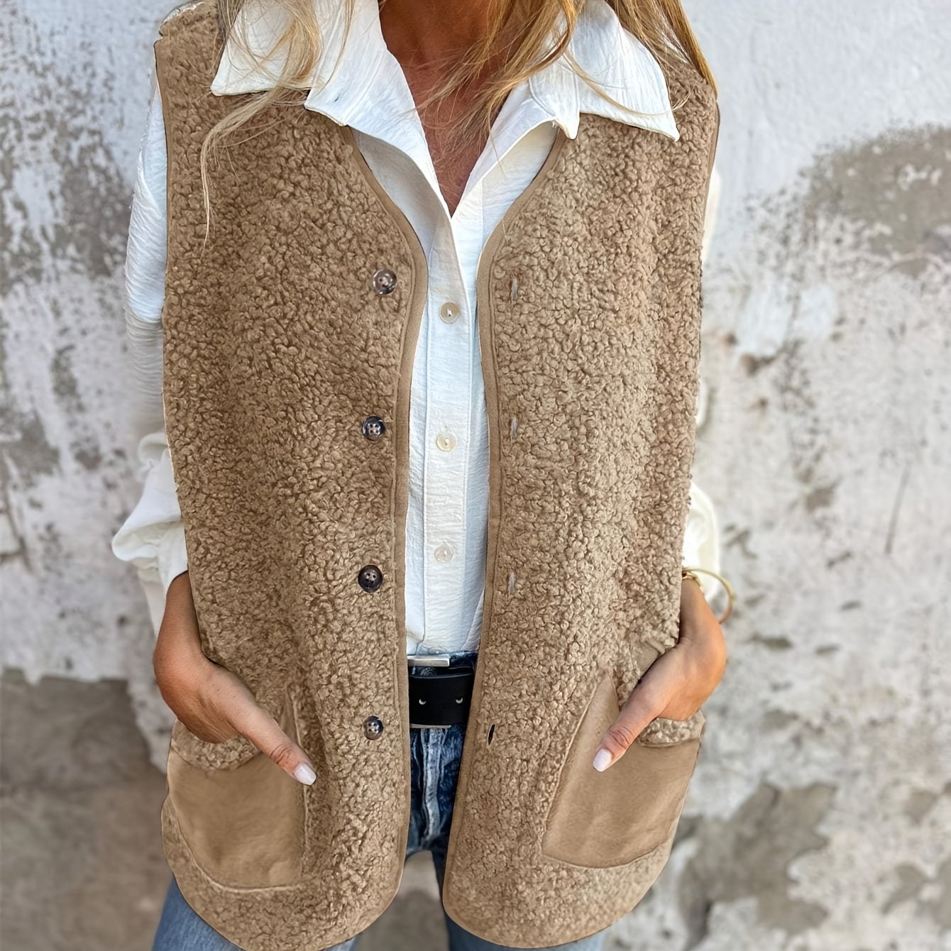 E-shop Herbst- Winter-Damenmode: Casual, vielseitige einfarbene strukturierte warme Pelzweste