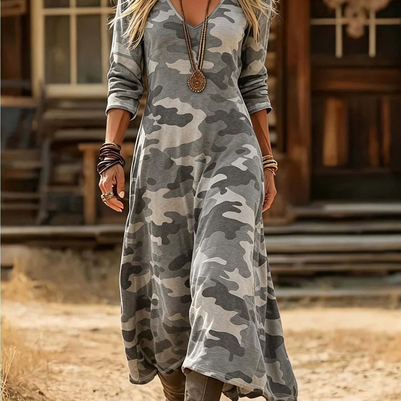 And Summer Women's Elegant Fashion Camouflage Printed V-neck Long-sleeved Dress, Bohemian Casual Dress, Soft And Skin-friendly, The Perfect Wear , Summer And Autumn