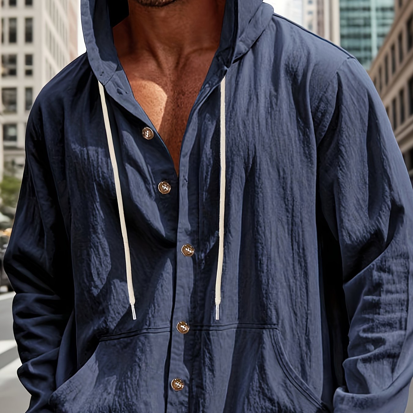 TEMU Men's American-style Long-sleeved Shirt With Hood For Spring And Autumn, Loose Linen, Casual And Simple, A Versatile Top For Beach Vacations