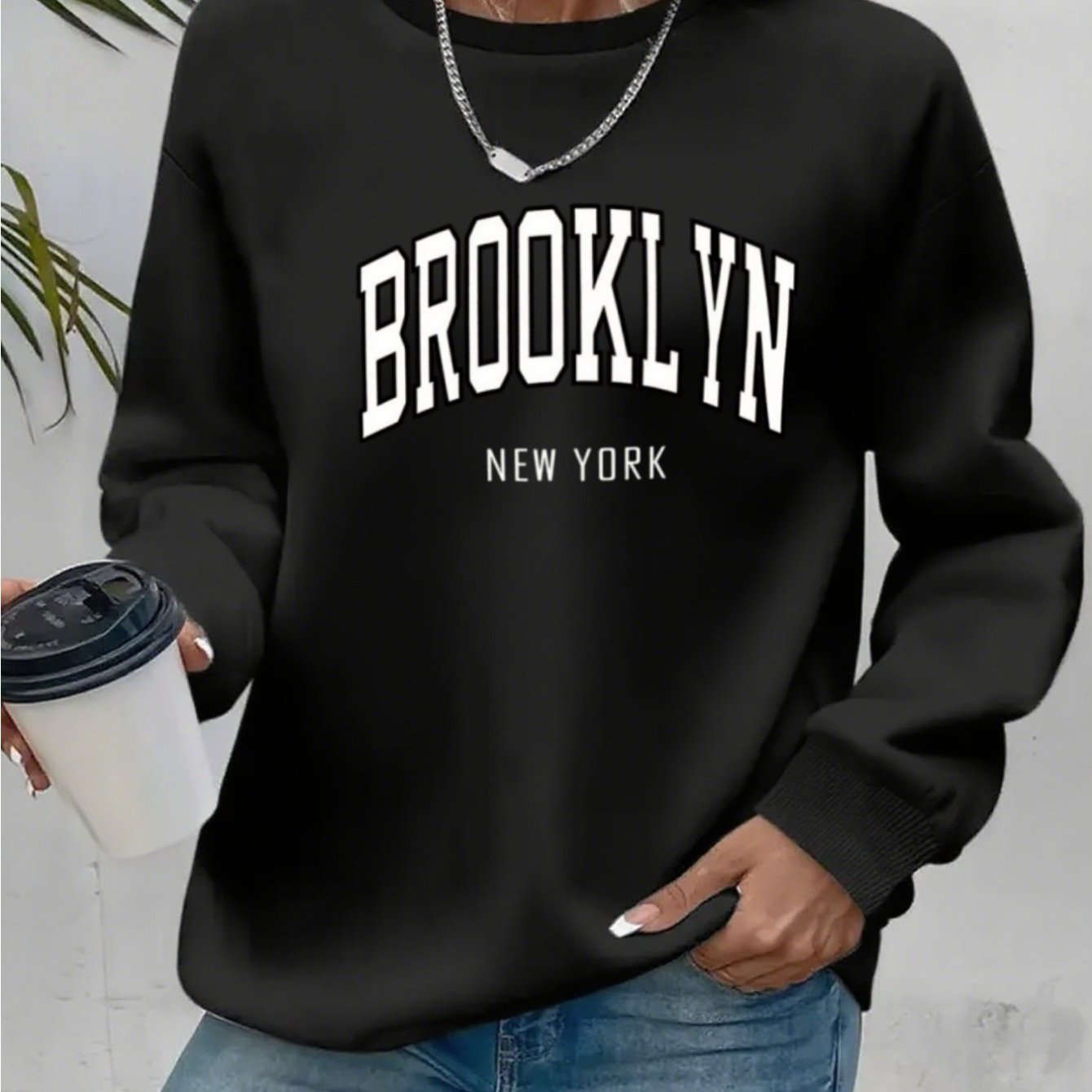 Image of Brooklyn Printed Pullover Sweatshirt - Round Neck Long Sleeve Casual Hoodie - Women's Clothing