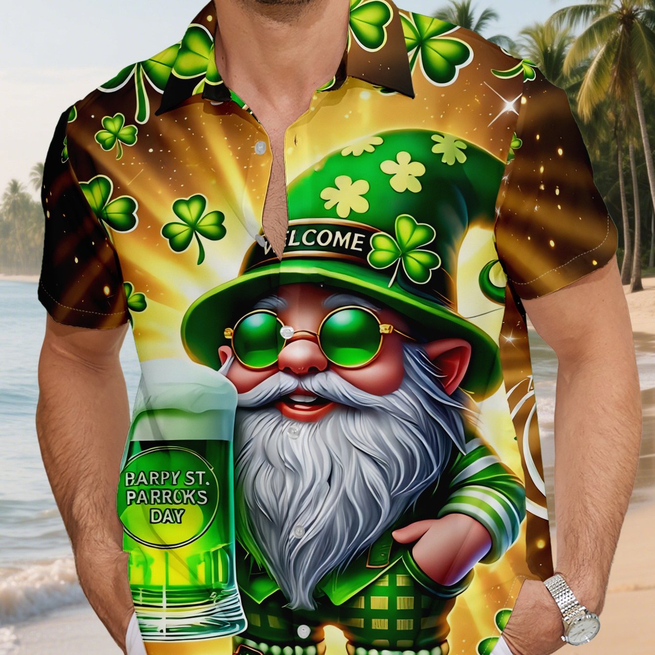TEMU Men's 's Day Irish Shirt With Shamrock & Lambek (irish Jug) Print - Loose Fit Short Sleeve Button-up, Collar Summer Casual Festival Attire,