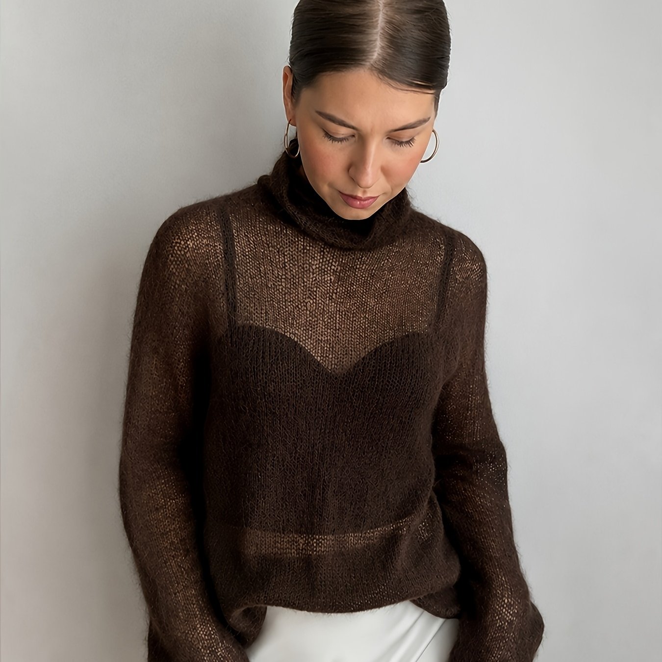 TEMU Women's High-neck Sea Semi-sheer Lightweight Casual Pullover Sweater [bzra]