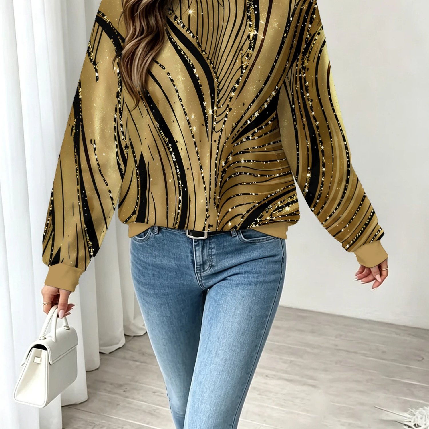 TEMU Sweat-shirt tendance pour femme, motif à rayures fluides abstraites dorées et noires avec paillettes, haut décontracté