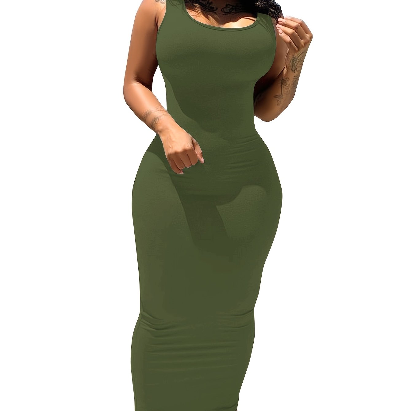 TEMU Women's Chic Solid Color Stretchy Tank Dress - Sleeveless Bodycon Maxi Skirt With Pockets, , Machine Washable For Spring/summer