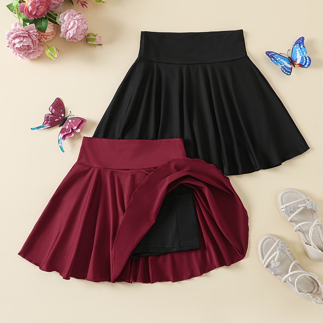 E-shop 2-teiliges Set für Mädchen mit hoher Taille, elastischer Sport-Skort und Shorts, einfarbig, seitliche , nicht durchsichtig, für