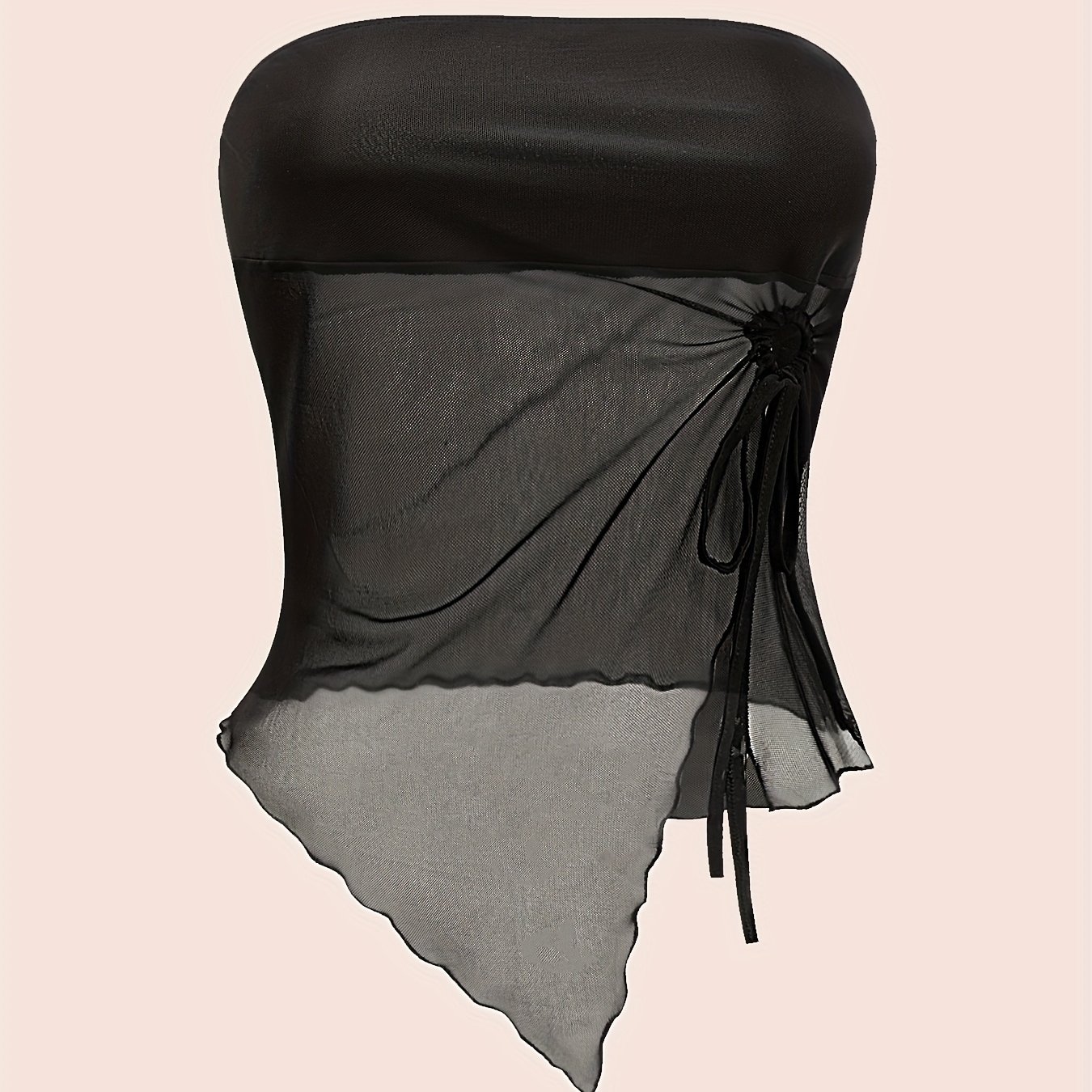 Lettuce Trim Drawstring Side Asymmetrical Hem Mesh Tube Asymmetrical Top