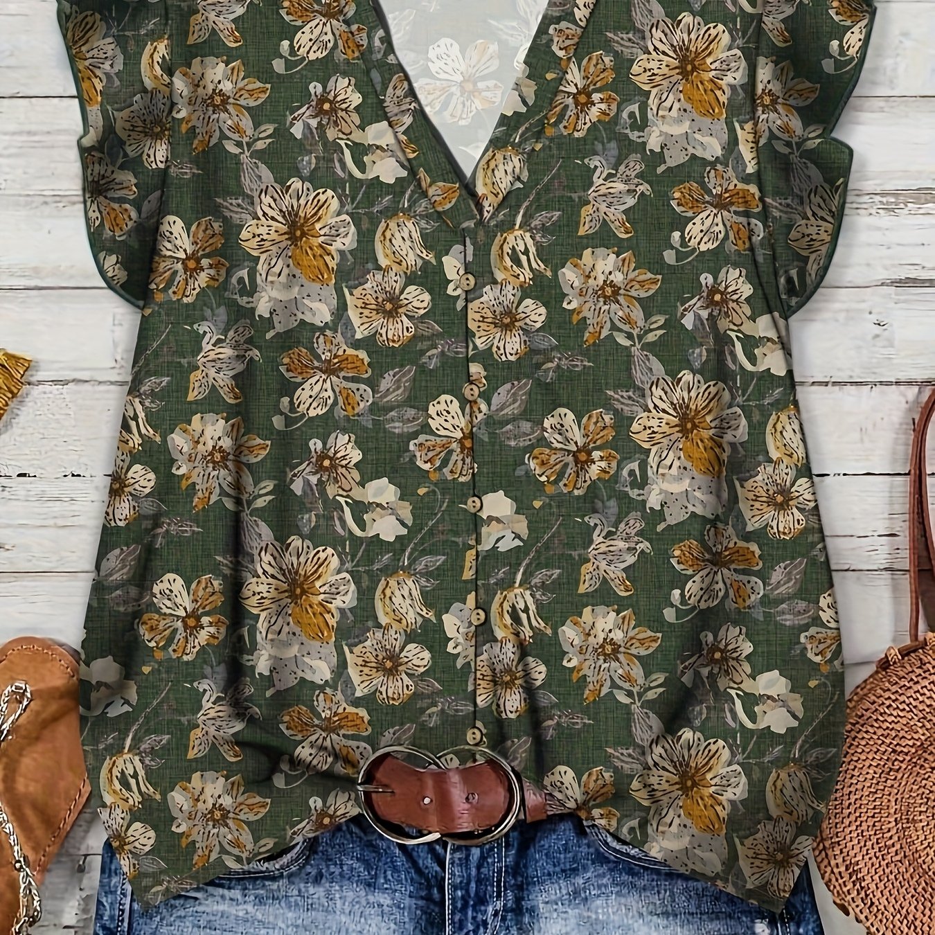 E-shop Damen Vintage V-Ausschnitt Bluse mit kurzen Glockenärmeln & Blumenmuster – Elegante Smock-Saum Bluse, Einreihige Knopfleiste für Frühling,