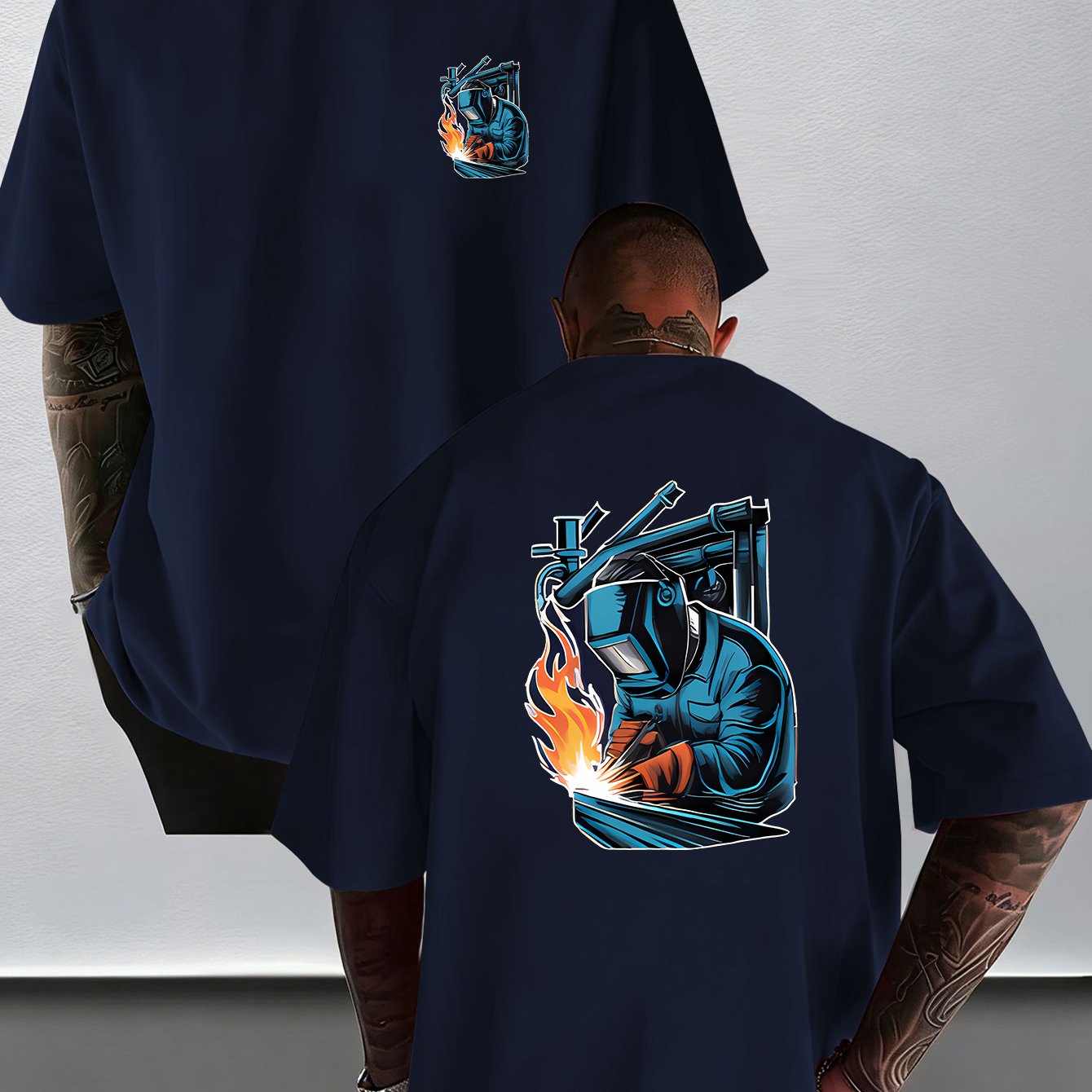 TEMU Trendy Brand Creative , Welder Illustration Print T-shirt, Professional Workwear, Style, Men's Summer Fashion Short-sleeve T-shirt, With Trendy