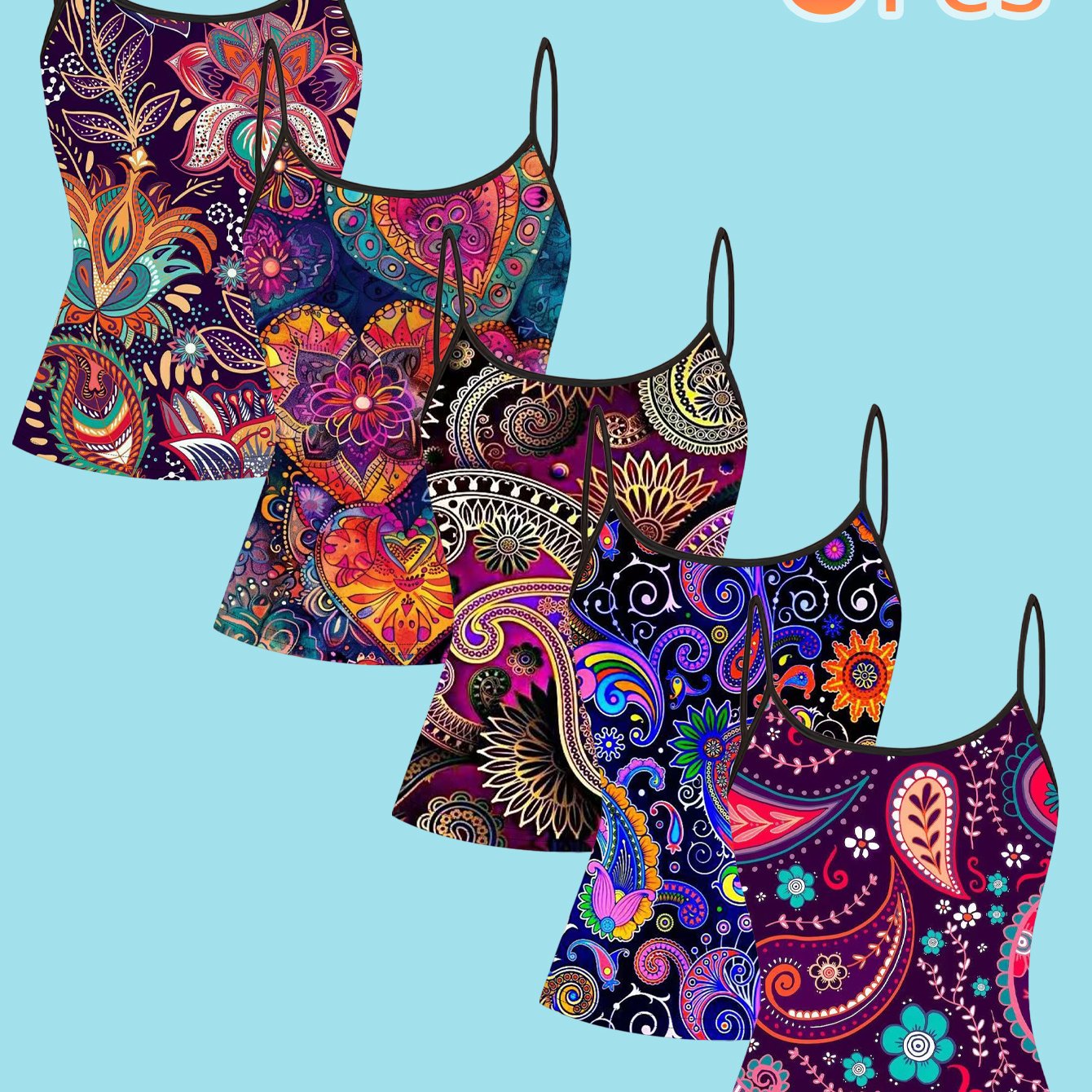 TEMU 5pcs Set Colorful Paisley Print Camisole, European And American Ethnic Vintage Style Mandala Tank Top, Cross-border Fashion Women's Top