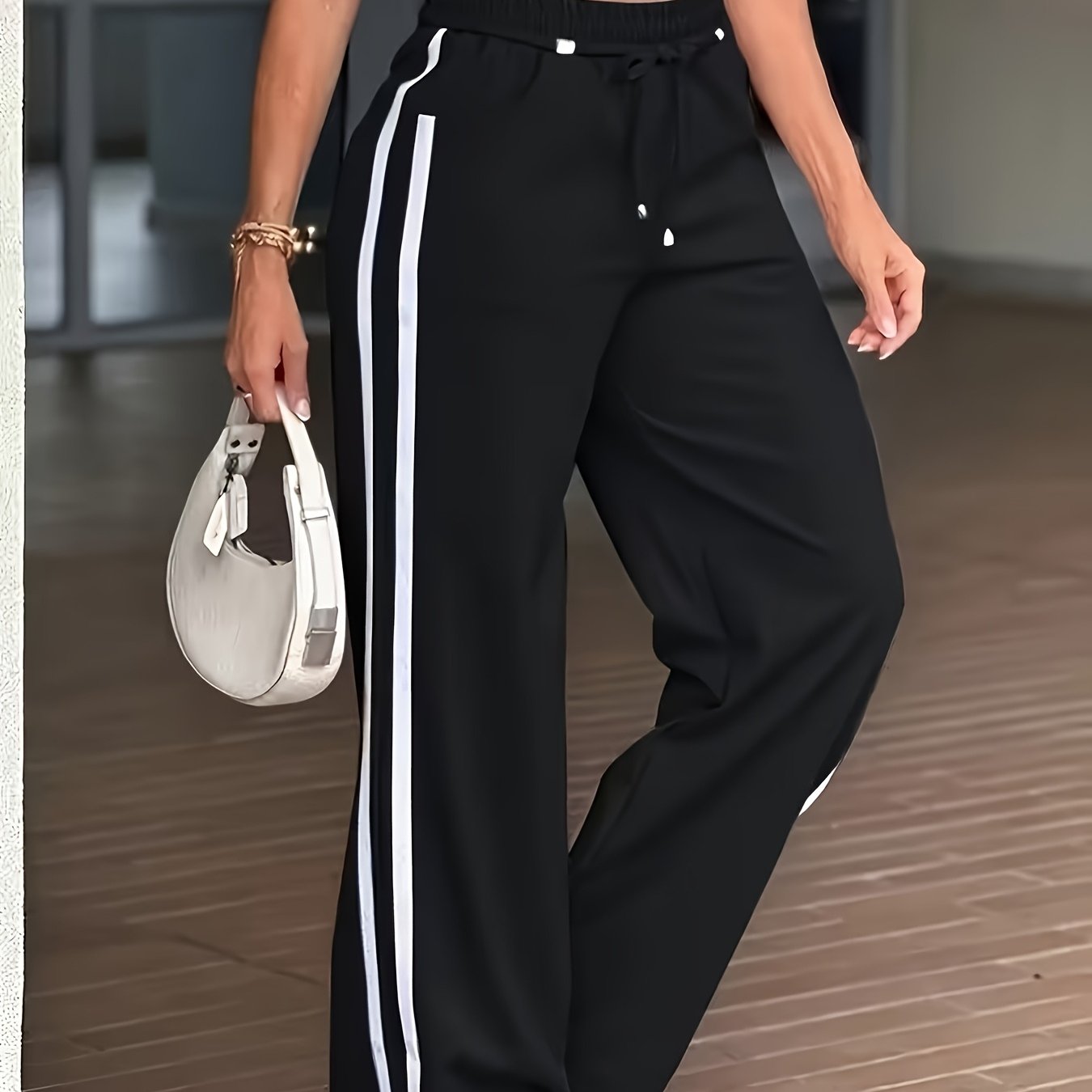 TEMU Striped Drawstring Pocket Sweatpants, Women's Spring/autumn Casual Solid Color Straight-leg Trousers