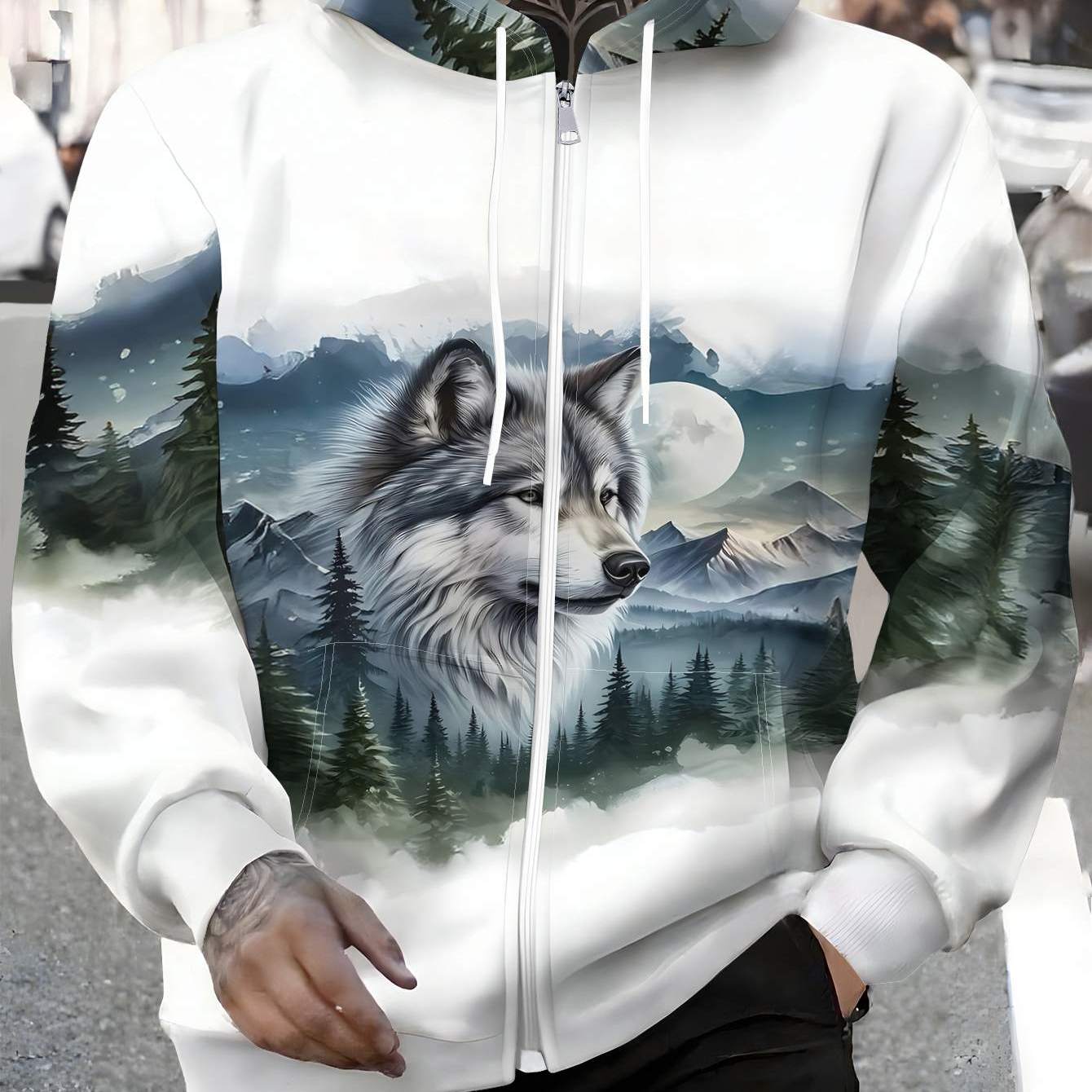 TEMU Men's Zip-up Hoodie - Casual Pullover Zip Hoodie For Men - Features Print Of A Wolf And Forest Under The Moonlight, Suitable For Autumn And