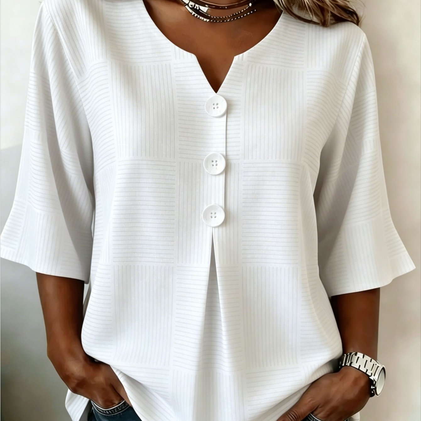 Image of Plus Size - Large Size Women's V-neck Button Fabric Olive Green Striped Pattern Casual Top, Suitable For Daily Wear, Is For Him