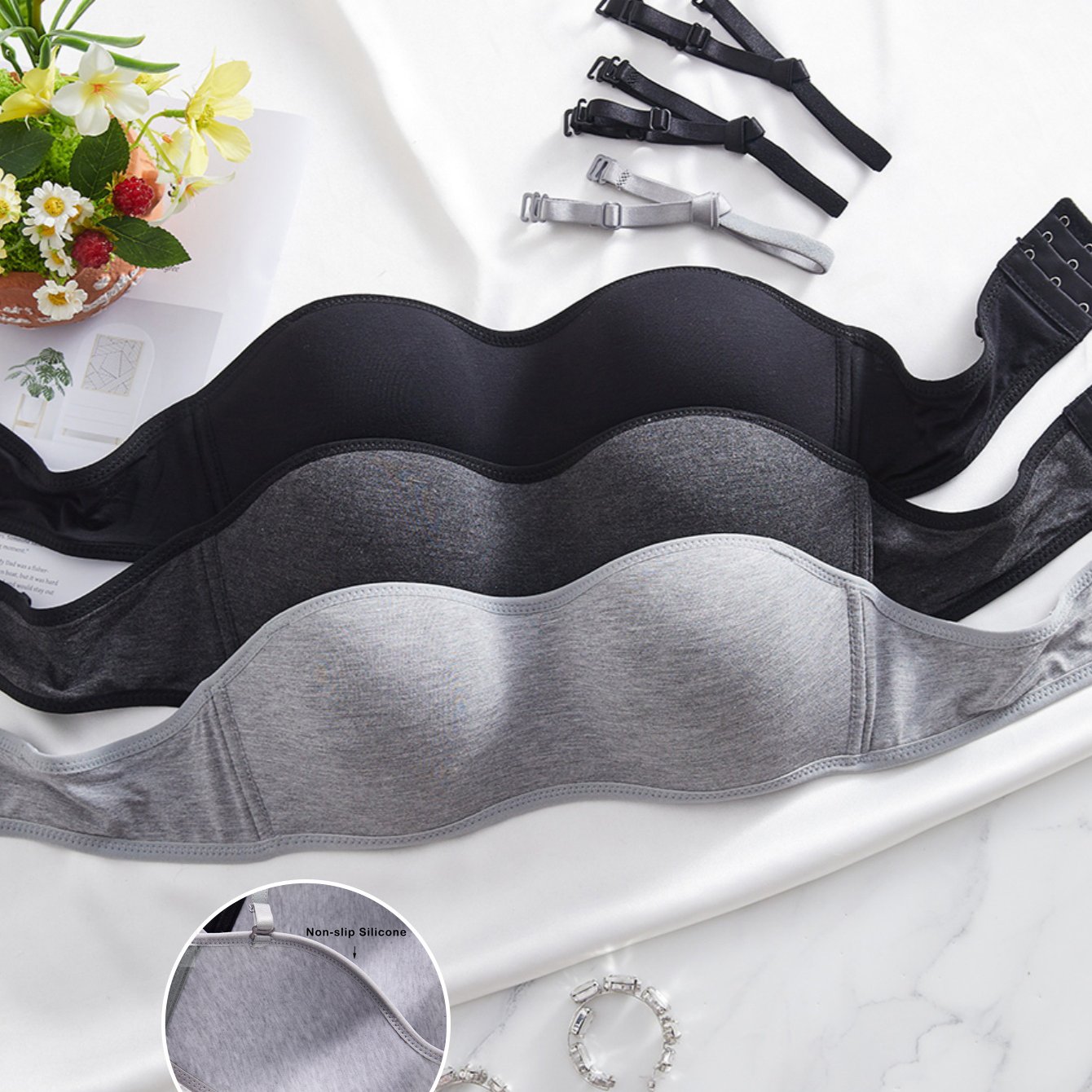 3pcs Women's's Comfortable Multicolour Casual Non-slip Wireless Sexy Soft Lightweight Solid Bralette Lingerie Underwear Bra With Removable Adjustable Strap
