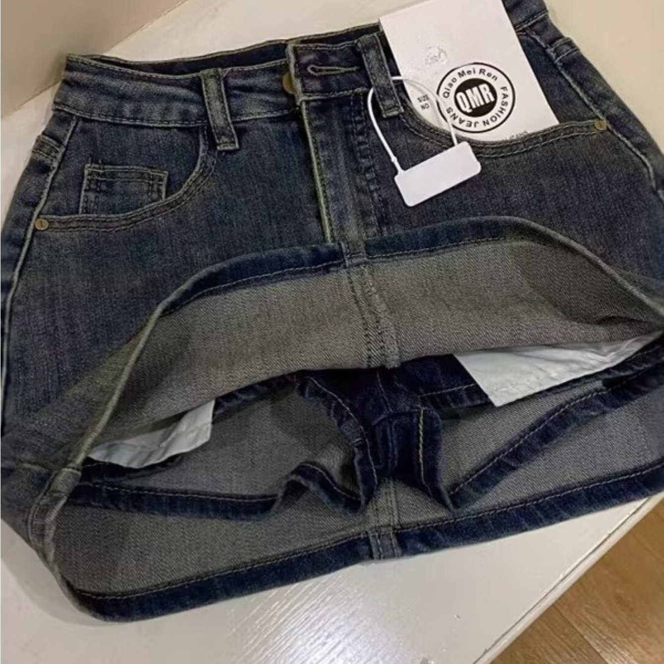 TEMU 1pc Women Spring Waist Vintage Denim Skort Built In Shorts Anti A Line Mini Skirt For Daily Street Outfits