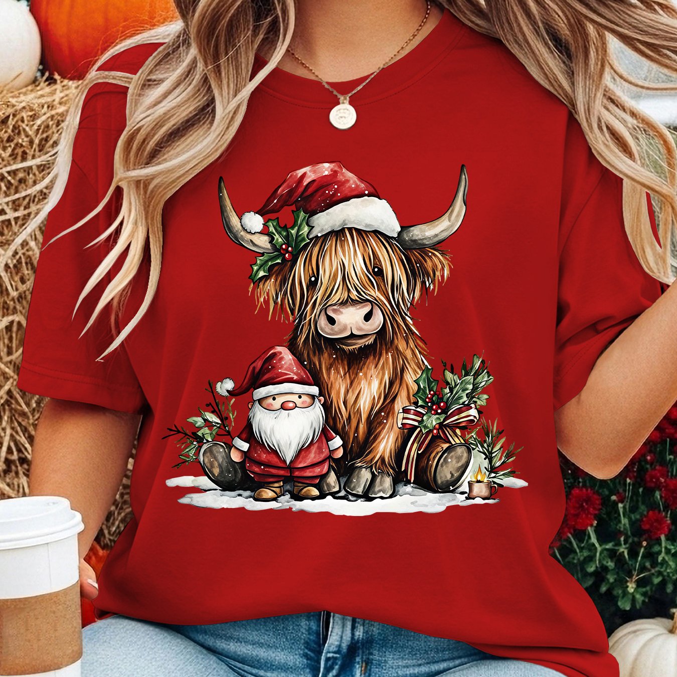 TEMU Women's Highland Cow Christmas T-shirt With Santa Hat & Holly Print - Plus Size Short Sleeve Crew Neck -compatible Top | Breathable Farmhouse