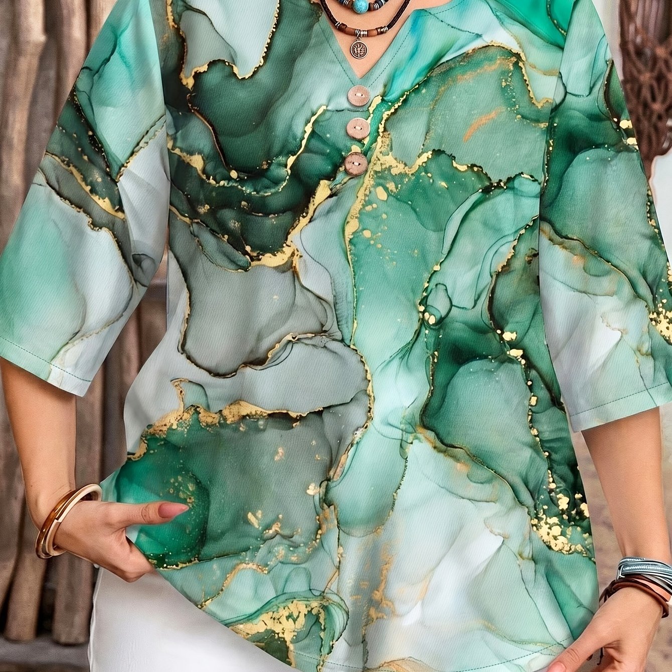 TEMU Plus Size Women's Clothing Printed V-neck Three-quarter Sleeve Shirt, Casual And Elegant Top, Bohemian Style, Loose, And Covering Belly, Plus
