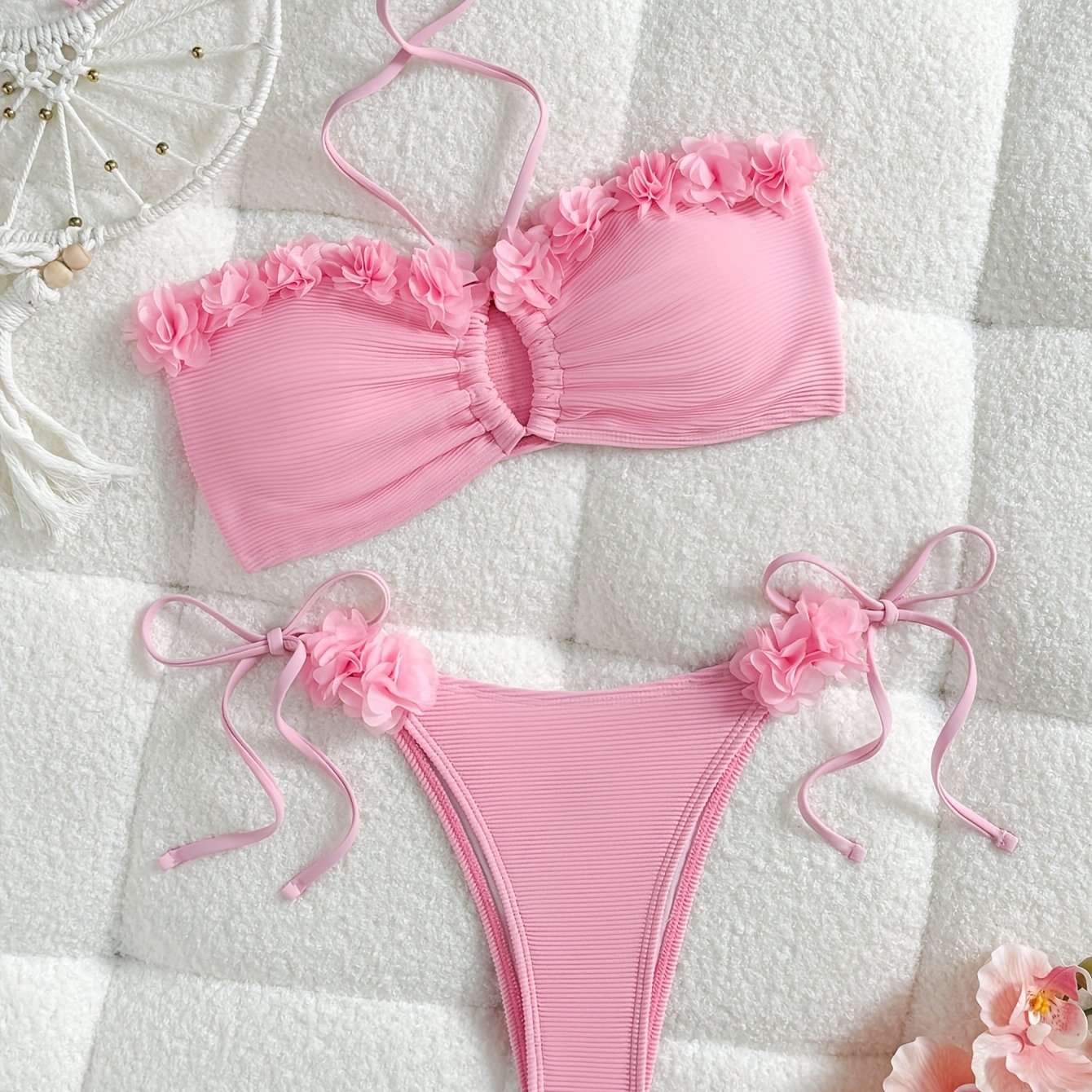 TEMU 여성 홀터 비키니 세트, 입체적인 핑크 꽃무늬, 고탄력 고무, 투피스 수영복, 해변 휴가에 적합