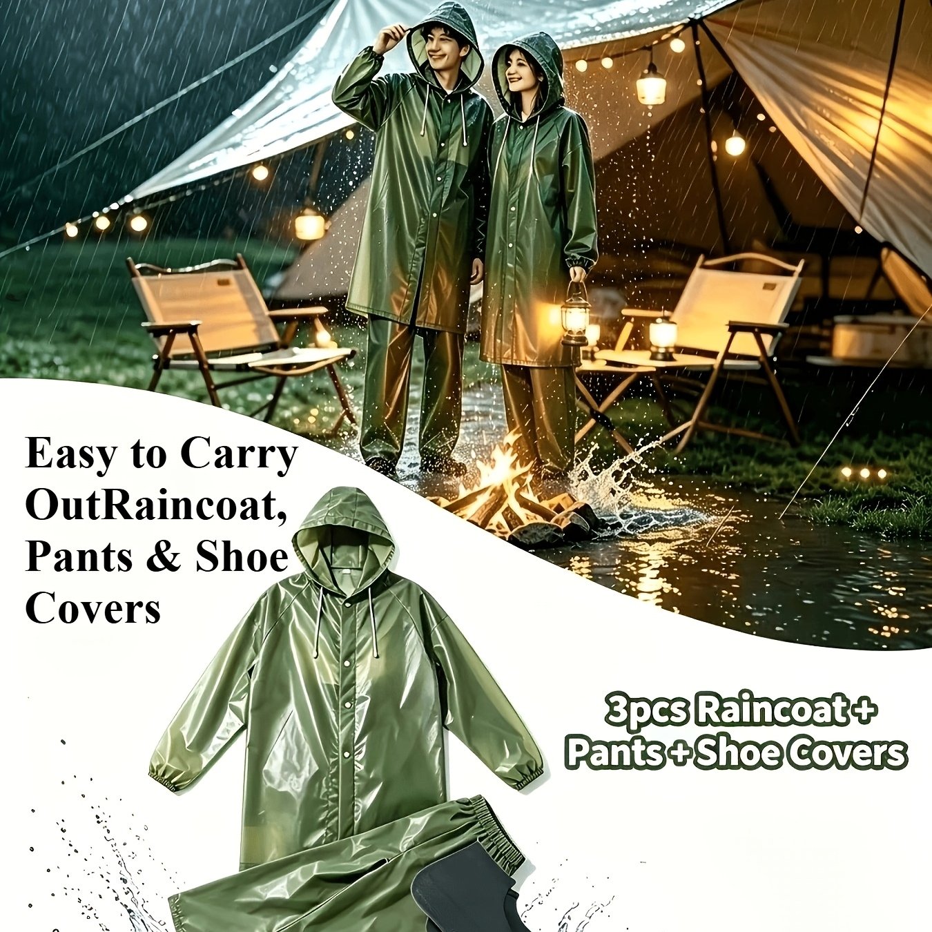 TEMU 3pcs Raincoat Set, Long Sleeve Hooded Raincoat And Rain Pants With 1 Pair Of Shoe Covers, Disposable Reusable Rain Gear For Camping, Travel, And