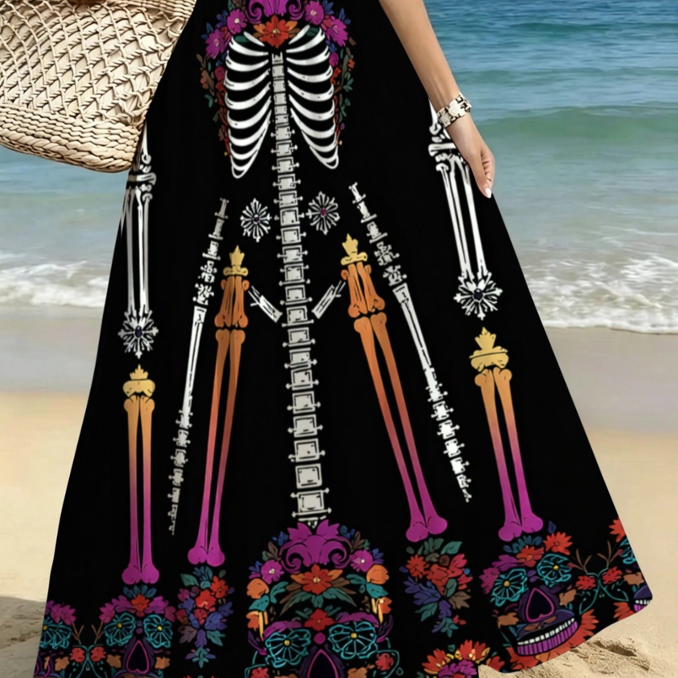 TEMU Lianyaoshi Women' Black Maxi Skirt With Full-body Vibrant Skeleton Floral Print - Lightweight Flowy Maxi Skirt Suitable For Beach, Festival,