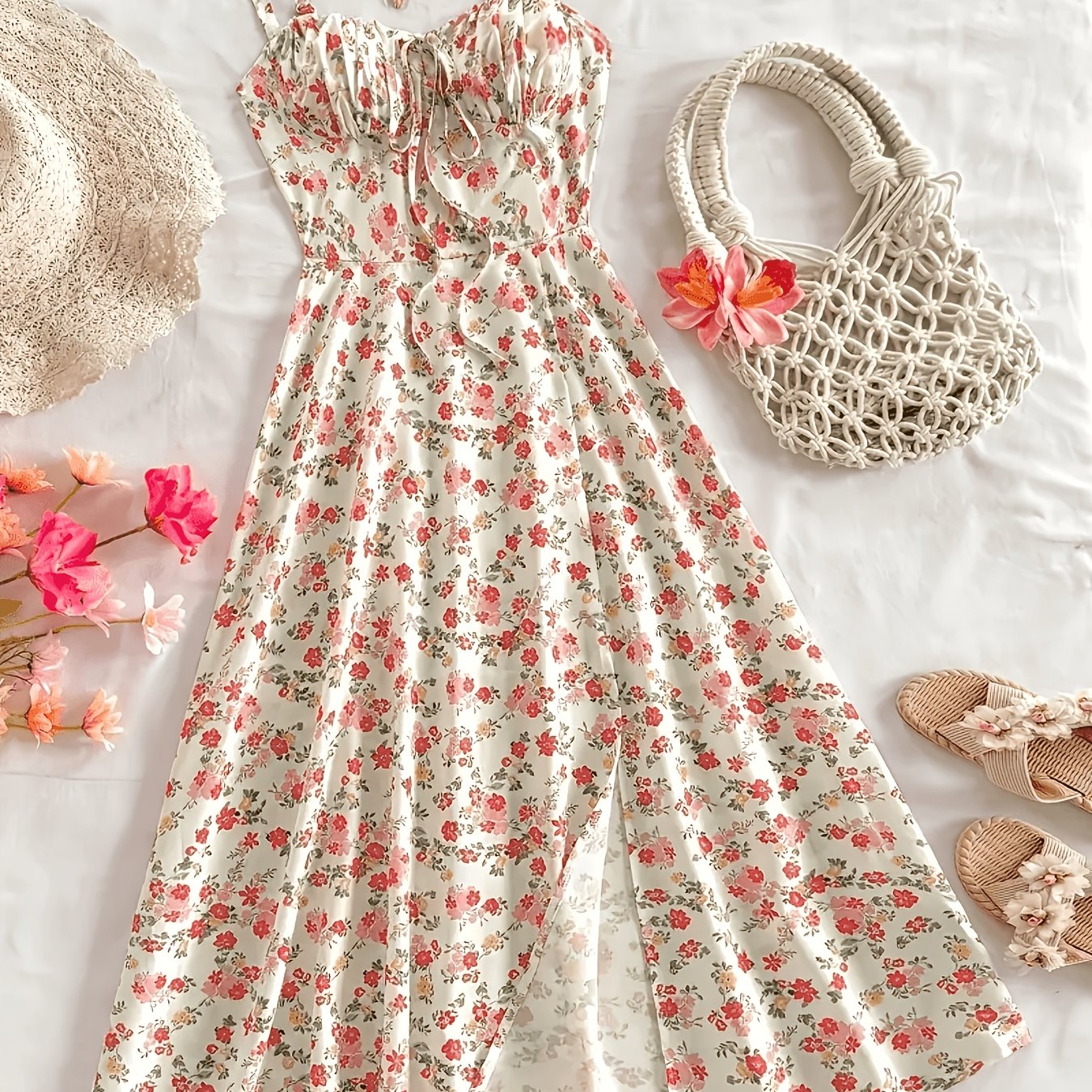 TEMU Women's Camisole Dress, New European And American Ins-, Chest-enhancing,, Split Hem, Pink Floral Print Maxi Dress