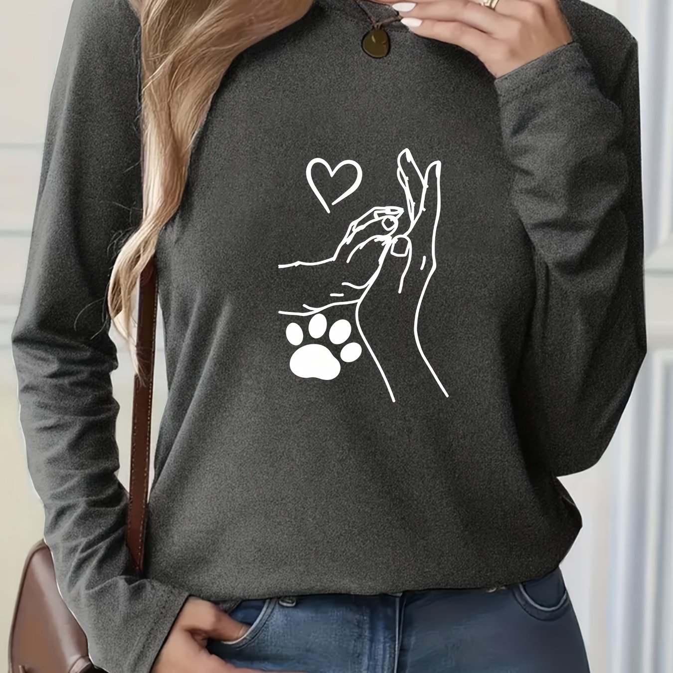 TEMU New Y2k Style Women's Elegant Autumn And Winter Casual Sports Long-sleeve T-shirt In Black, White, Dark Gray, Khaki, And Pink, Featuring A Heart