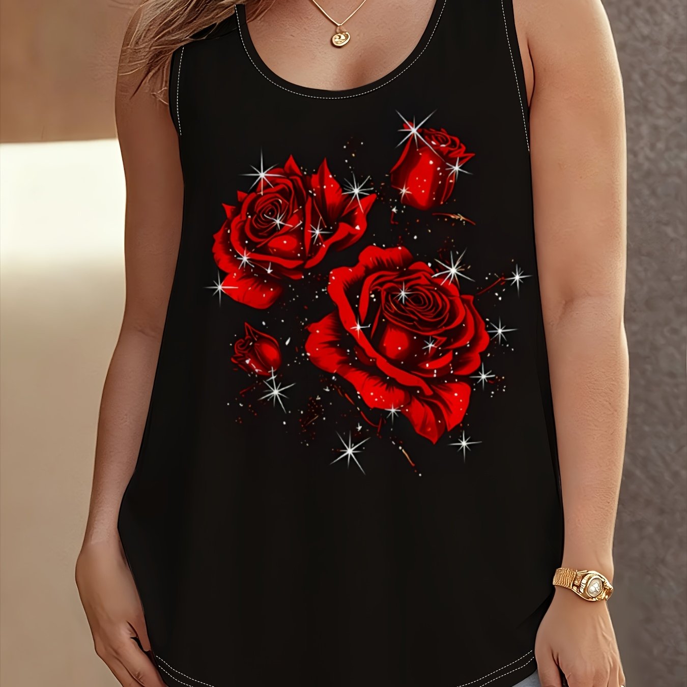 TEMU Women's Plus Size Vest, Starlight Red Rose Sleeveless Vest, Starlight Dark Red Rose Dark Base Curved Hem Sleeveless Top, Plus-size Women's Retro
