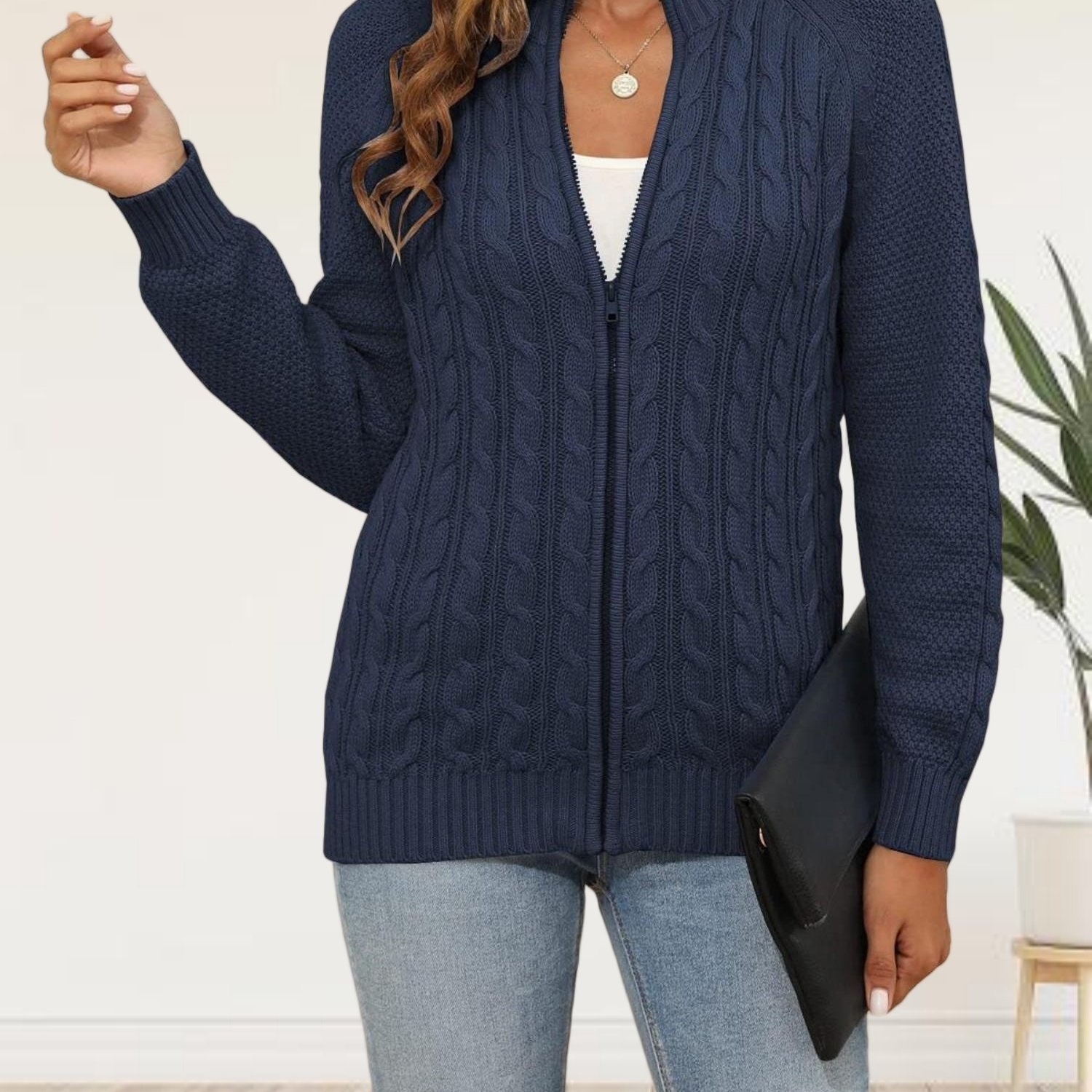 Women's Cable Cardigan Long Sleeve Zip Up Coat