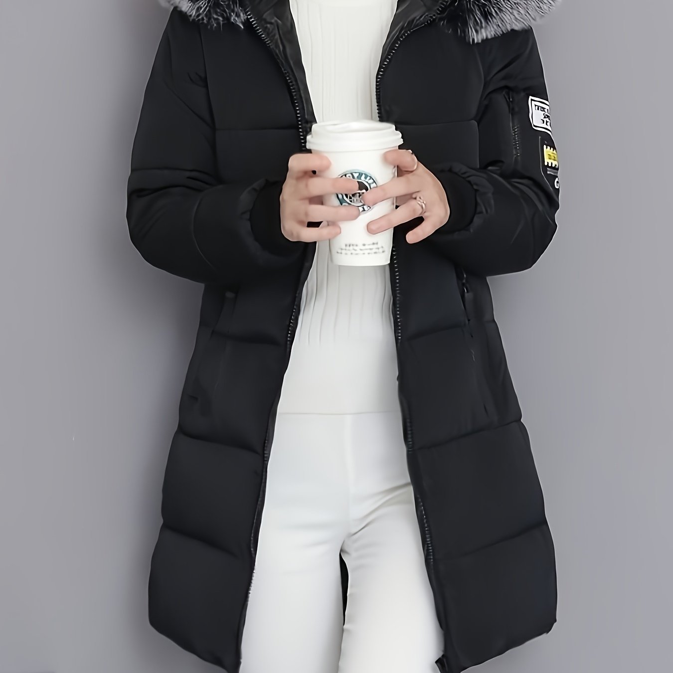 TEMU Stylish Solid Color Large Collar Hooded Mid-length Padded For Decoration, Long Sleeves, Overlock Stitching, Quilted, Zipper Pockets, Loose Fit,