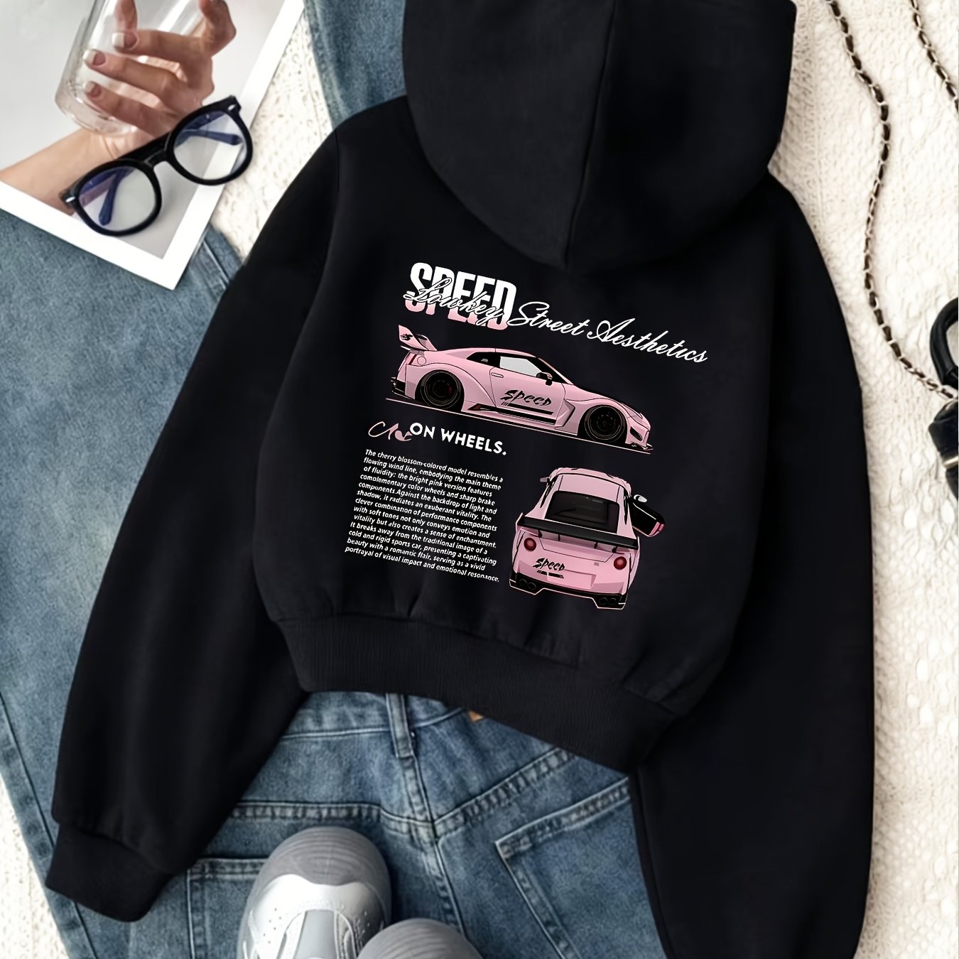 TEMU Fashionable Car Letter Gradient Color Pattern Print Short Zip-up Hooded Cardigan Sweatshirt, Women's Zip-up Cardigan Simple Outerwear Top