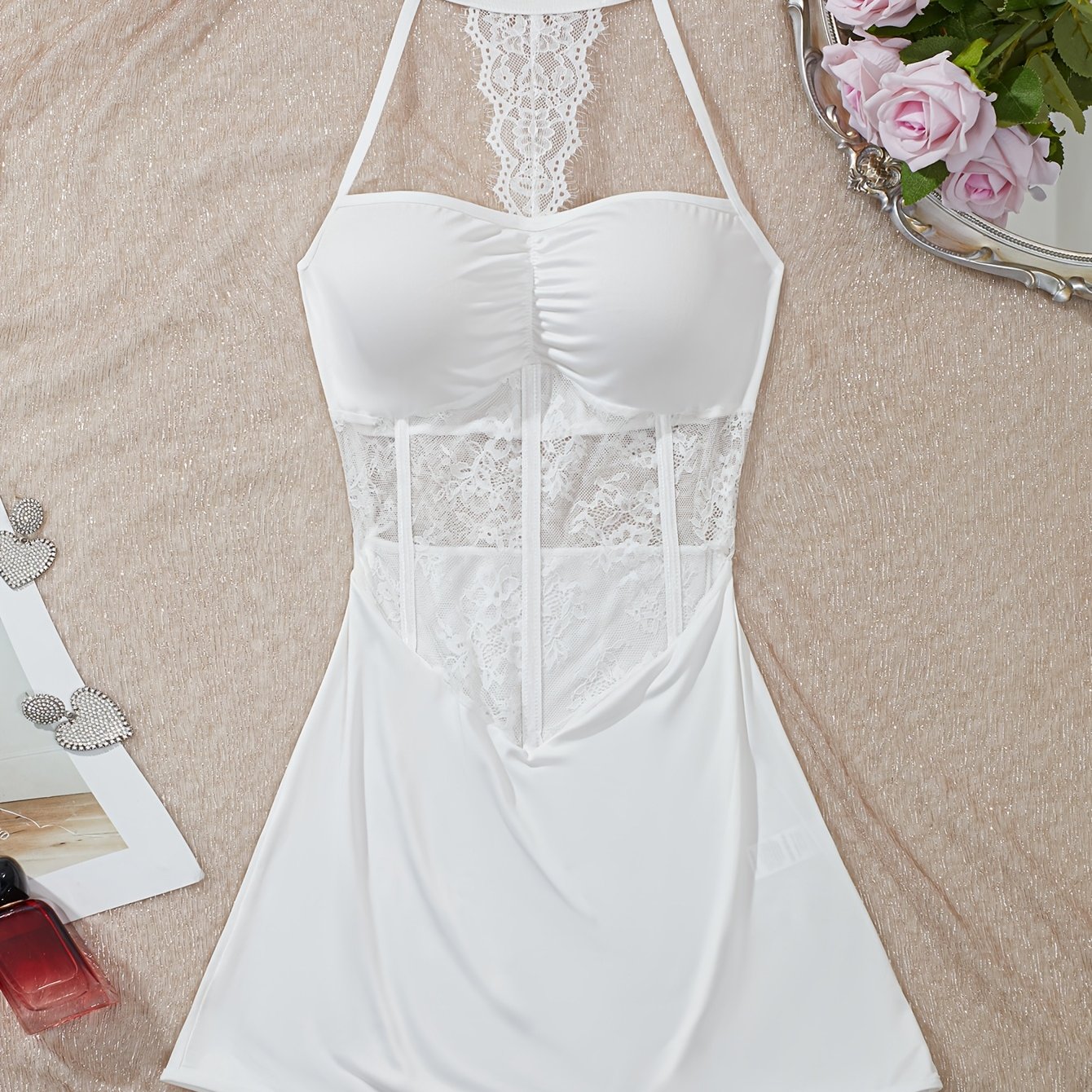 TEMU Women' Halter Neck Lingerie Dress - Lace Paneled Corset Bodice, Sheer Floral Lace Insert, Ruched Bust, Sleeveless, Bodycon Summer Sexy Dress