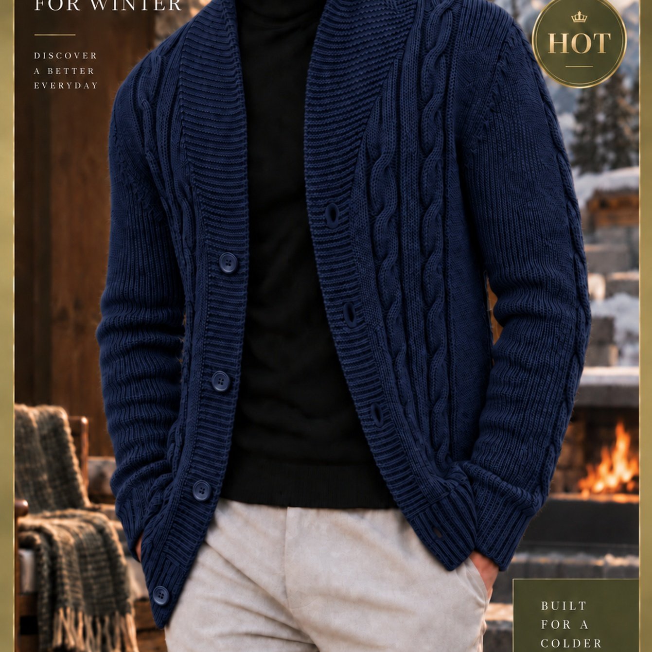 Image of Men's Autumn And Winter Thick Cable Knit Cardigan, Shawl Collar Twisted Sweater Coat, Loose Vintage Warm Outerwear