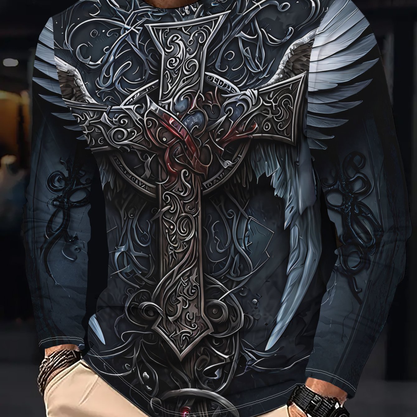 TEMU Men's Casual Long Sleeve T-shirt, Dark Cross With Silvery Wings, Mysterious Soft Comfortable, Suitable For Spring Autumn Outdoor Wear, Street