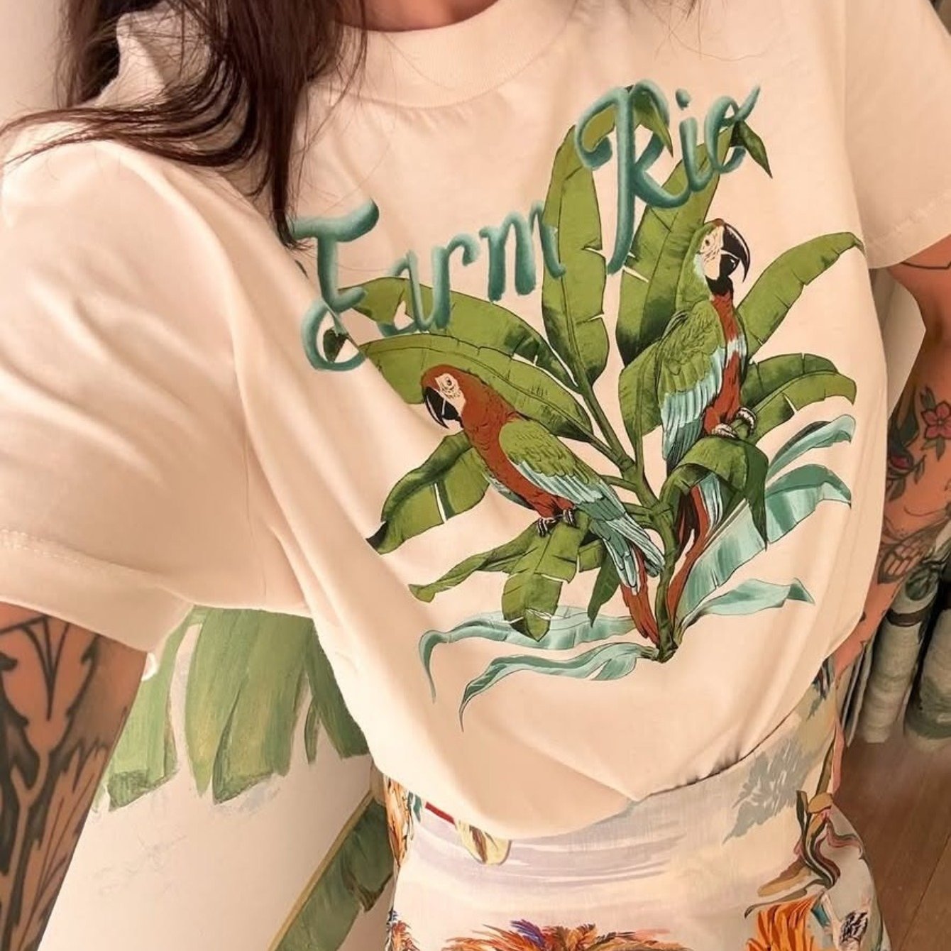 TEMU Women's Palm Print Drop Shoulder T-shirt - Relaxed Fit Short Sleeve Crew Neck Suitable For , Beachwear Casual Top With Medium Stretch, Machine