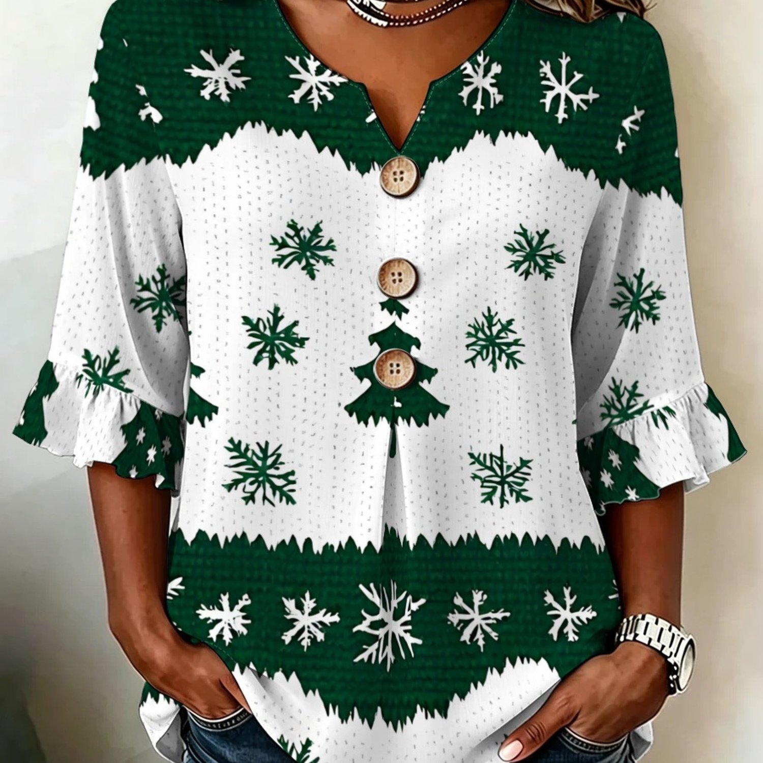 TEMU Plus Size - Western Summer Plus Size Women's Sleeve V-neck Shirt, Christmas Theme Printed Blouse, Festive Repeating Pattern, Comfortable