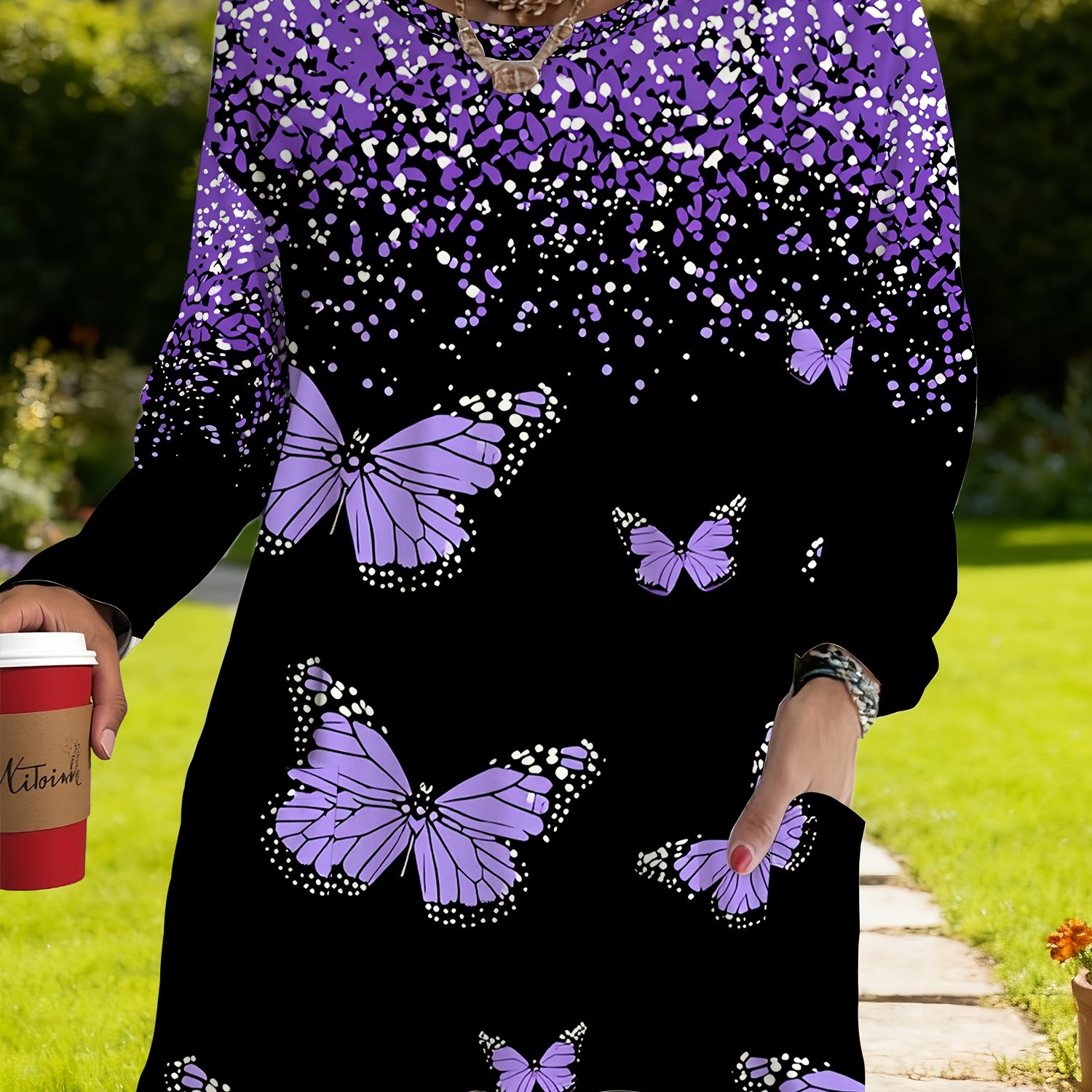 TEMU Plus Size, Women's Plus Size Oversized Long Sleeve T-shirt - Black With Purple Print Round Neck Blouse, Casual Elegant Top With Pockets, Casual